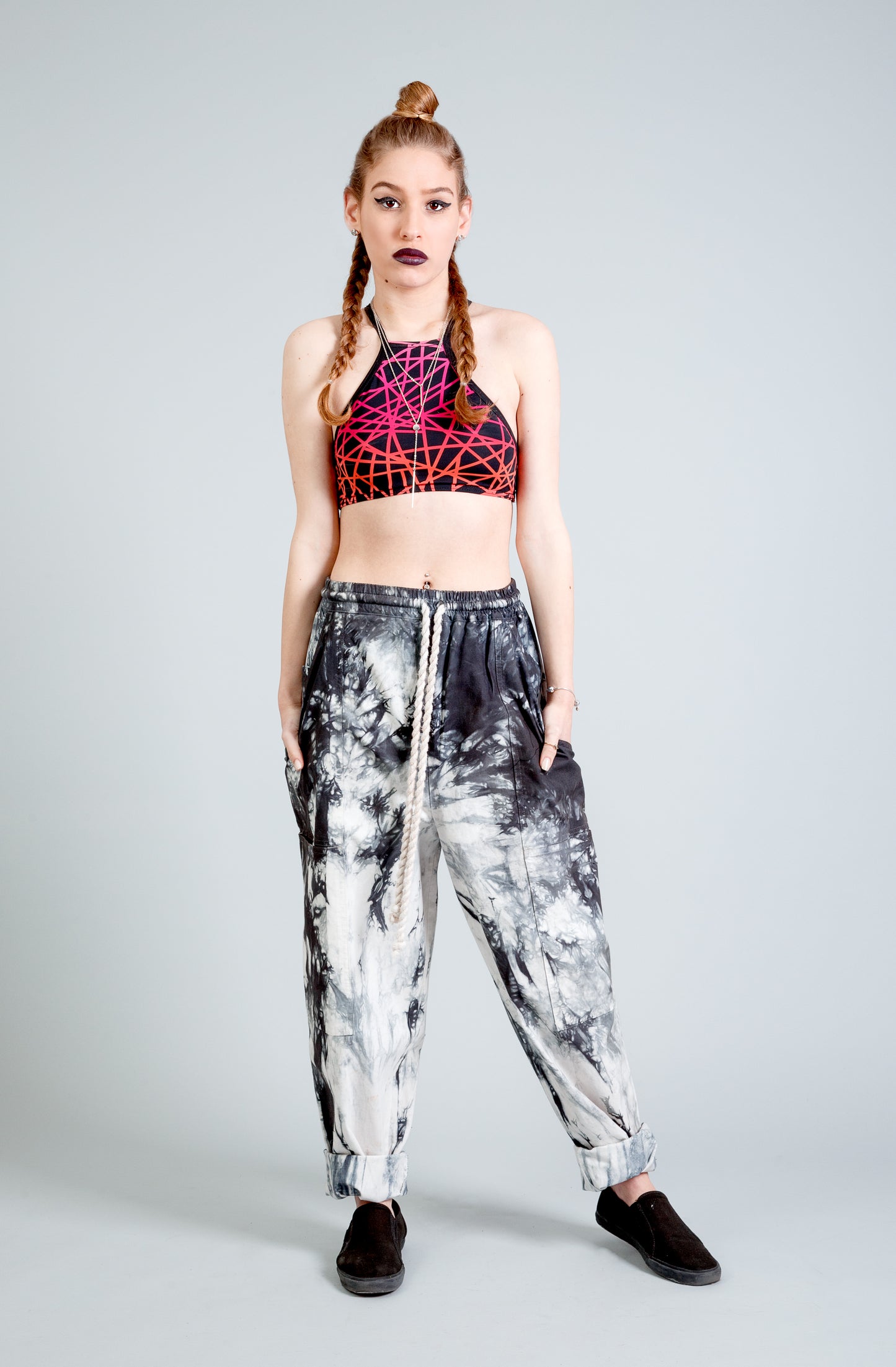 the kickbacks Slouchy drawstring black smoke tie dye slouch pants