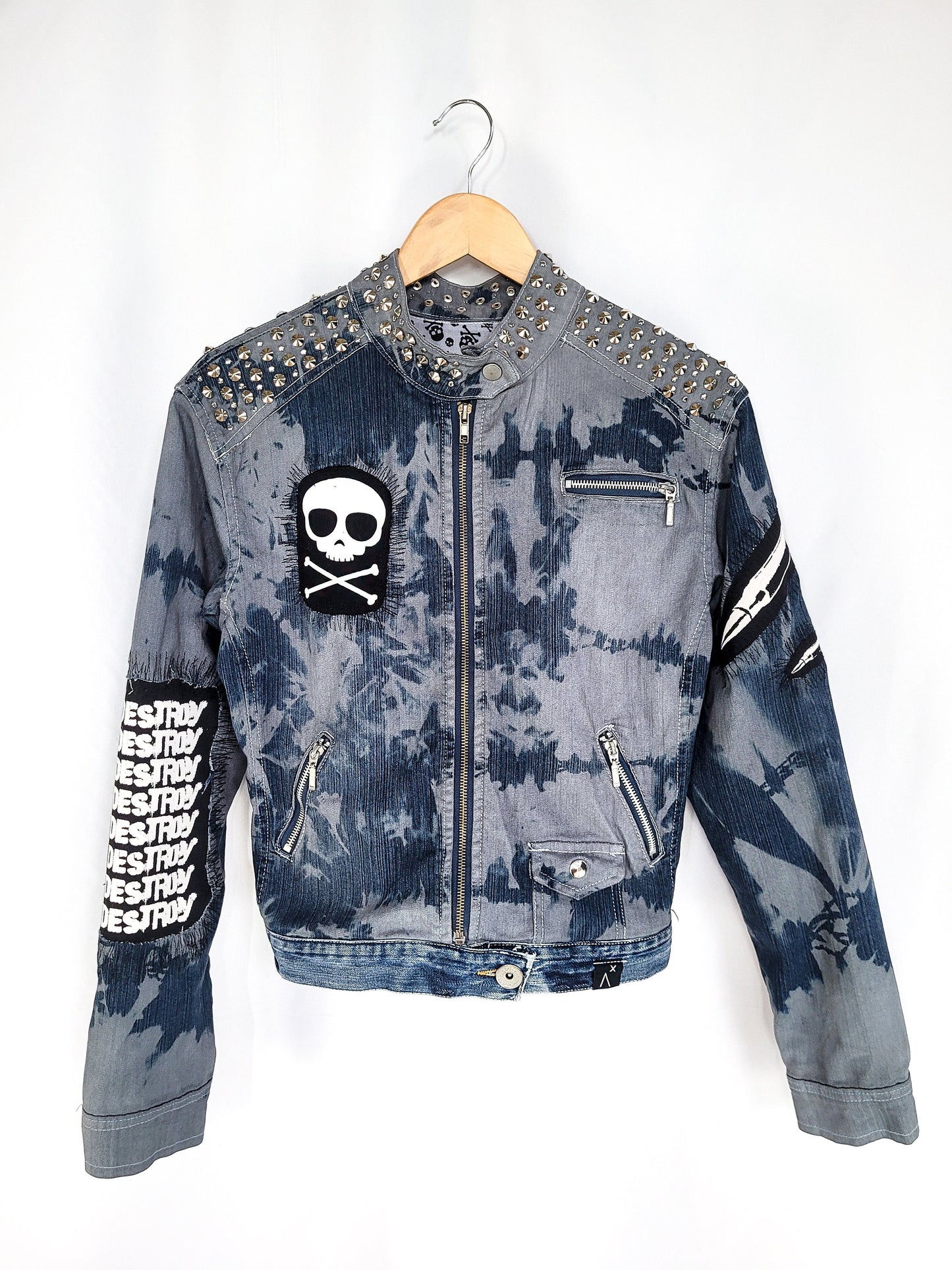 studded denim jacket battle jacket motorcycle jacket unique jacket embellished denim jacket | biker jacket custom jean jacket size M