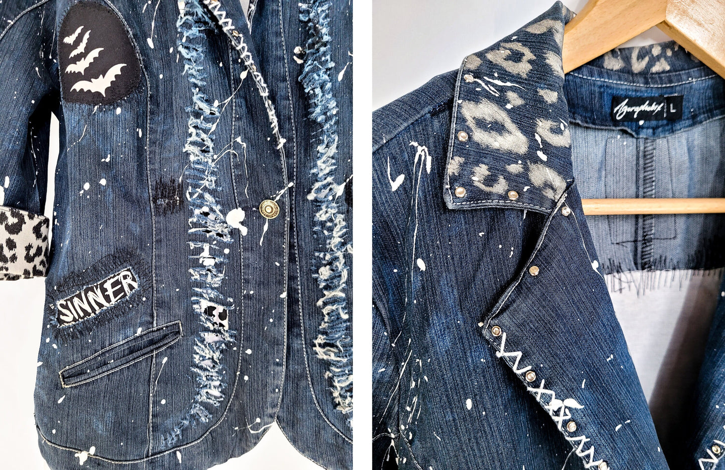 skeleton battle jacket distressed jacket studded denim jacket | punk jacket unique jacket painted denim jacket | jean jacket size L