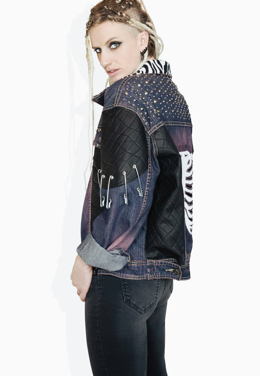 custom jean jacket skeleton jacket battle jacket goth jacket punk jacket | oversized jacket leather jacket | studded denim jacket | size XL