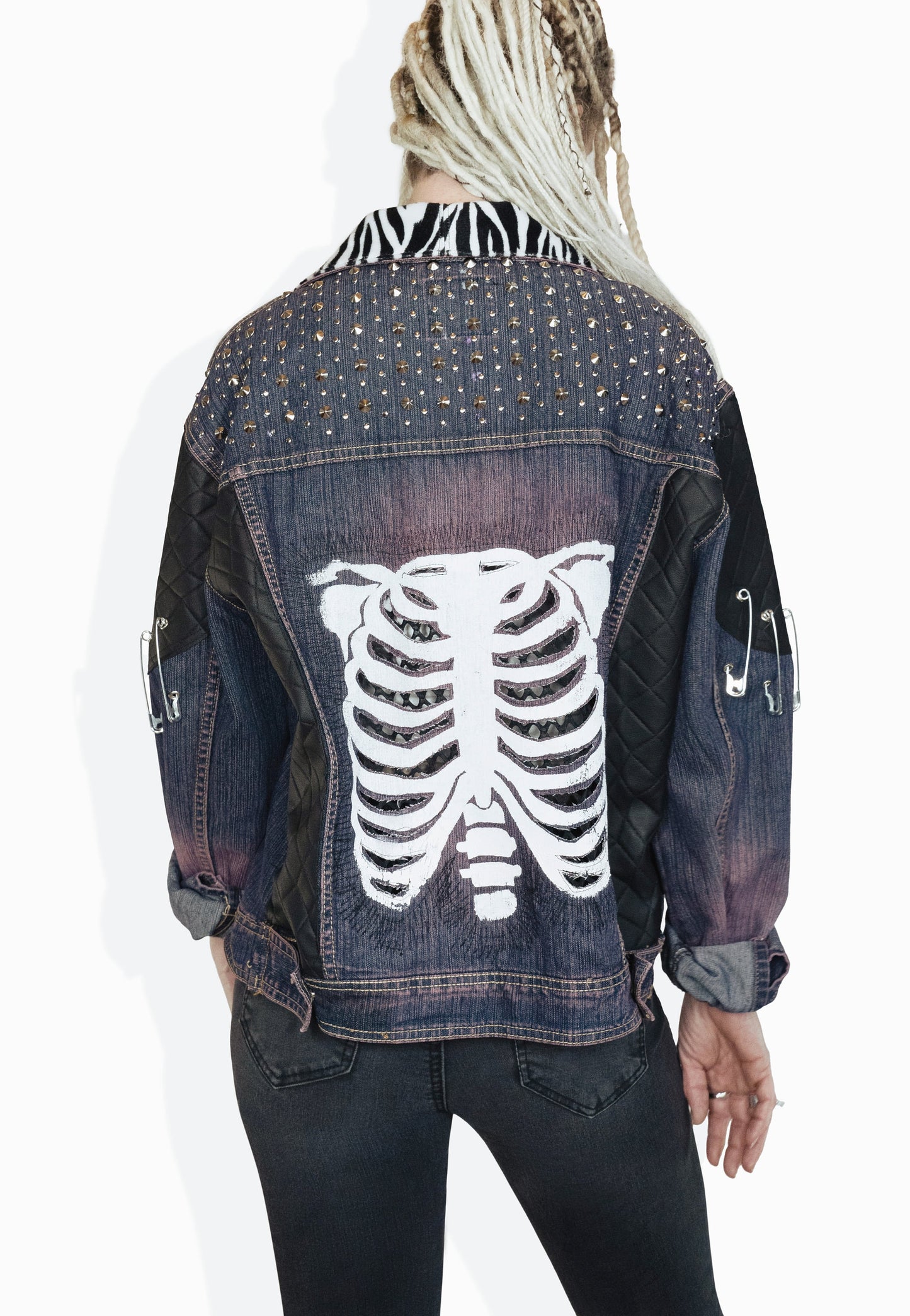 custom jean jacket skeleton jacket battle jacket goth jacket punk jacket | oversized jacket leather jacket | studded denim jacket | size XL