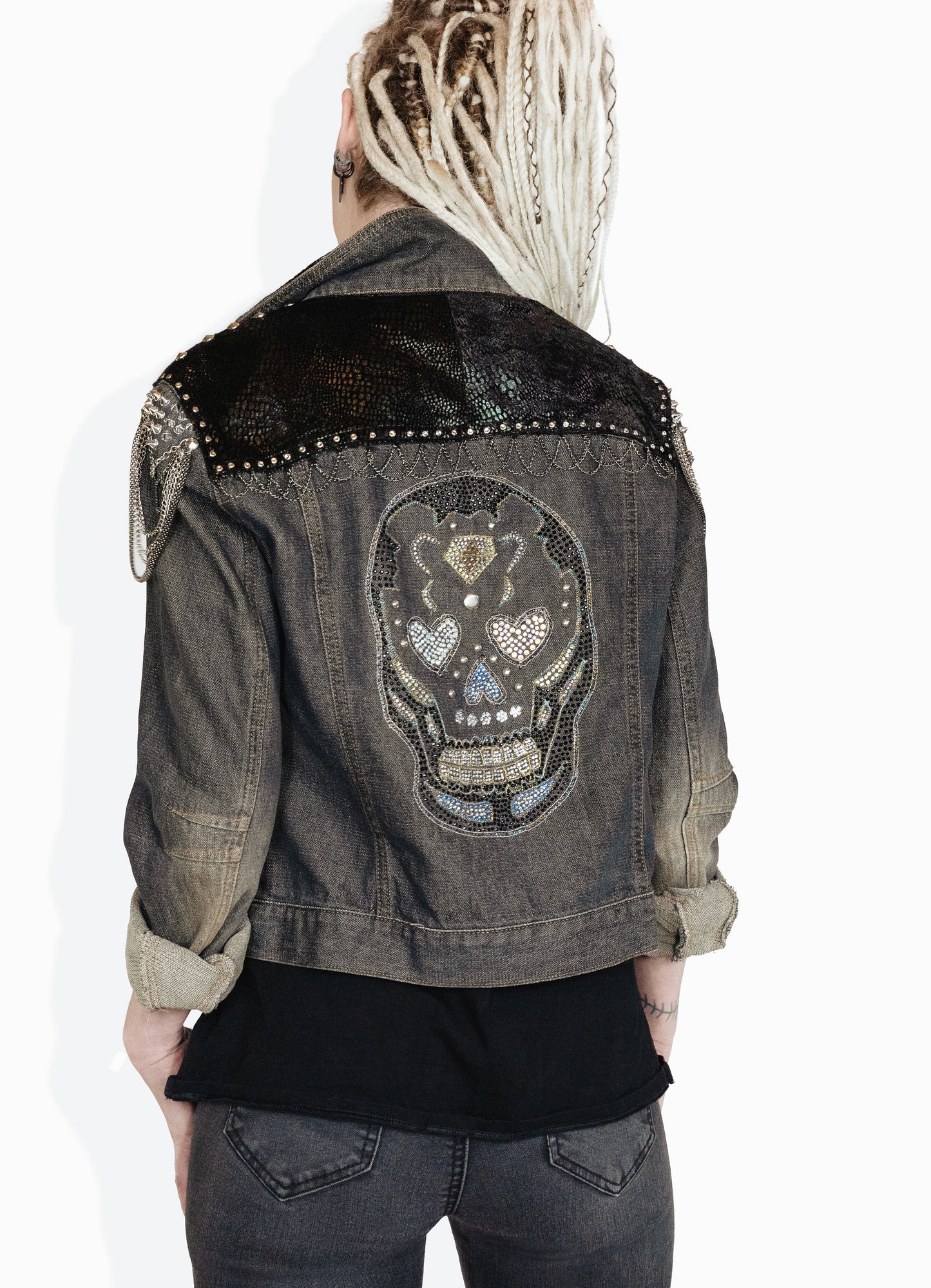 Sugar skull goth jacket custom jean jacket | goth jacket punk jacket rhinestone denim jacket studded denim jacket | unique jacket | Size S