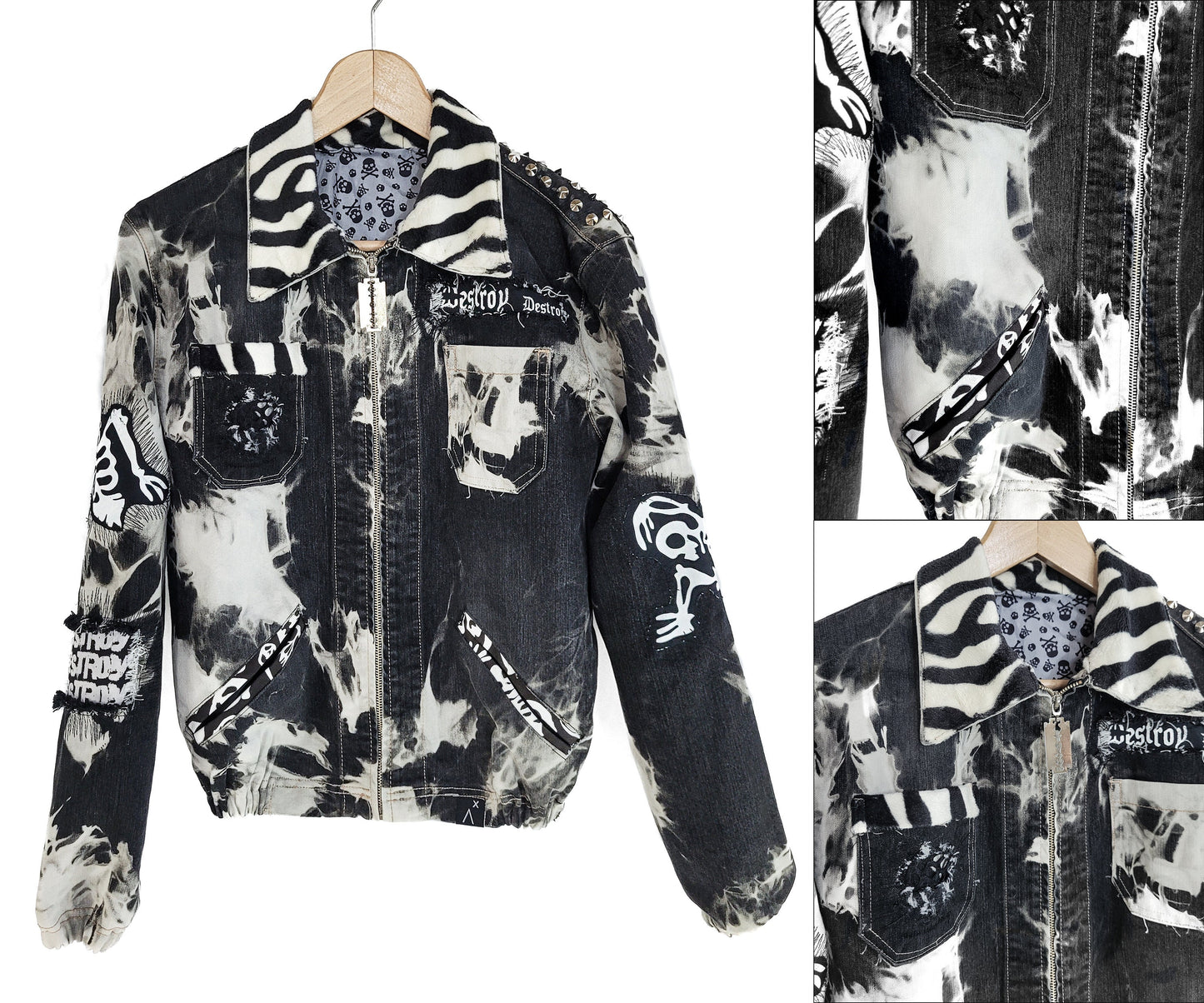 Skeleton jacket battle jacket goth jacket punk jacket custom jean jacket |unique jacket distressed jacket denim jacket jean jacket size M