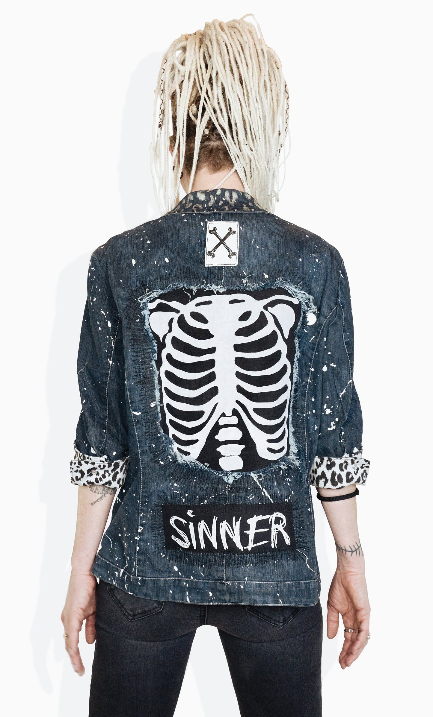 skeleton battle jacket distressed jacket studded denim jacket | punk jacket unique jacket painted denim jacket | jean jacket size L