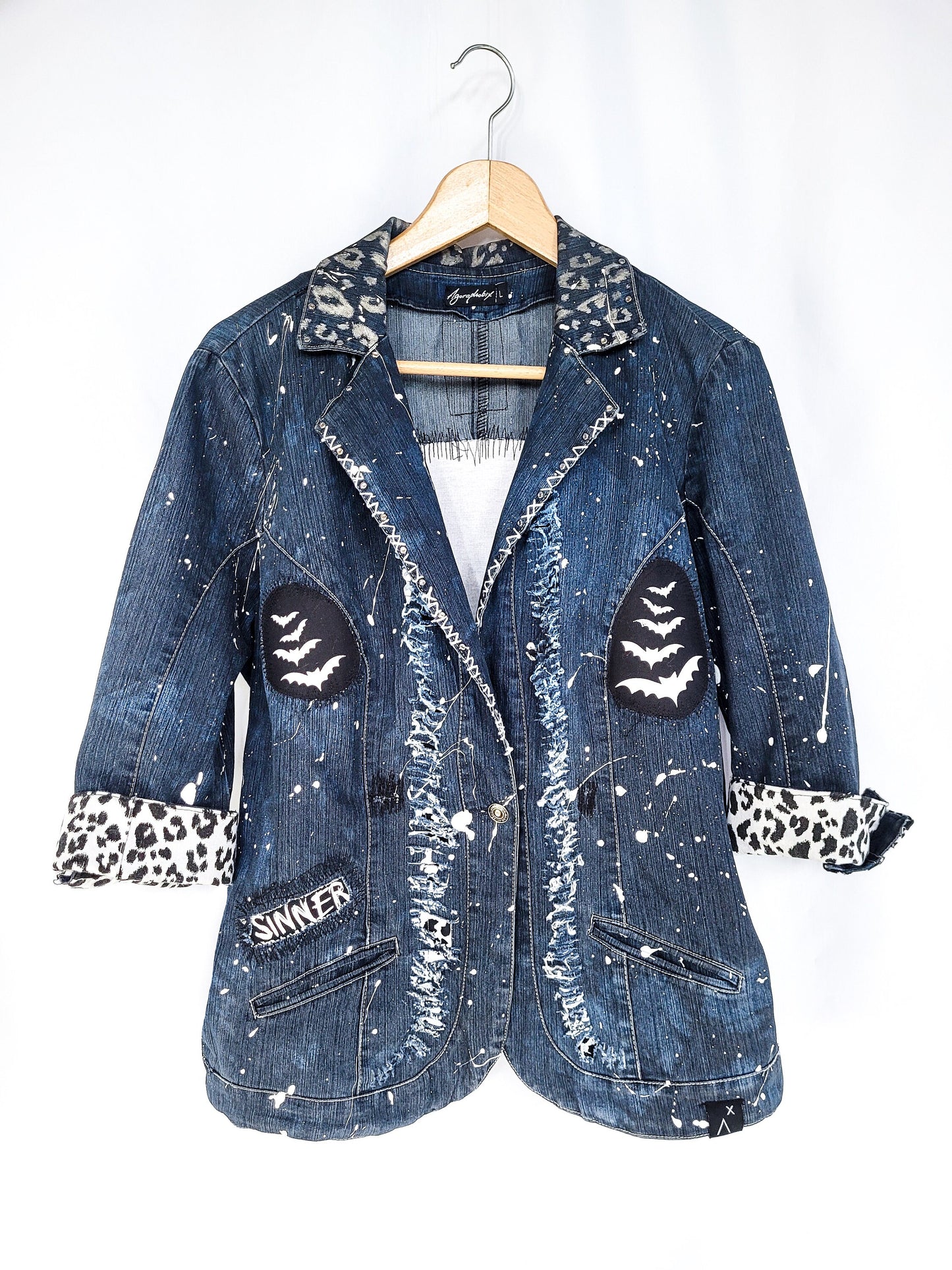 skeleton battle jacket distressed jacket studded denim jacket | punk jacket unique jacket painted denim jacket | jean jacket size L