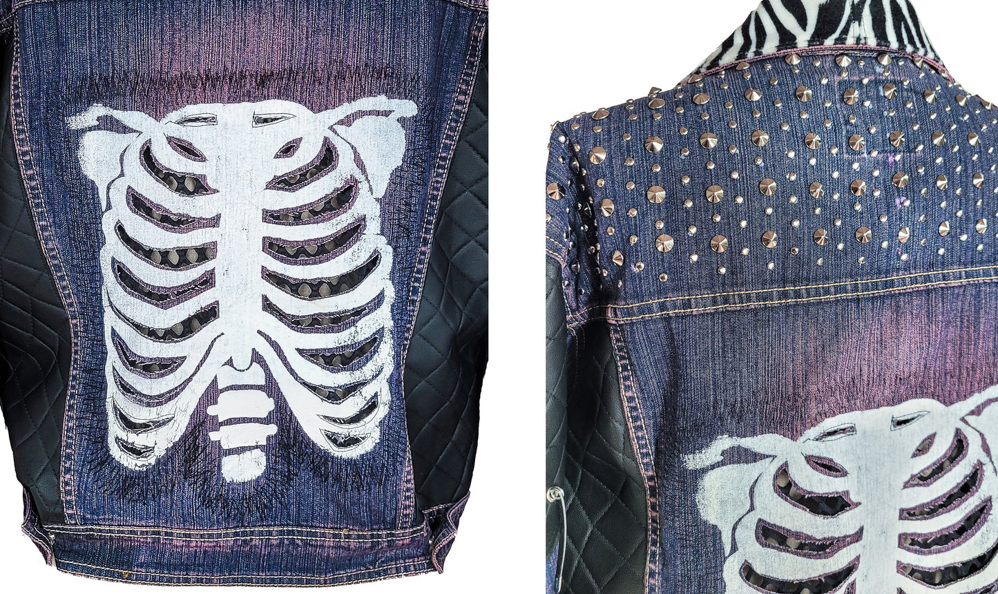 custom jean jacket skeleton jacket battle jacket goth jacket punk jacket | oversized jacket leather jacket | studded denim jacket | size XL