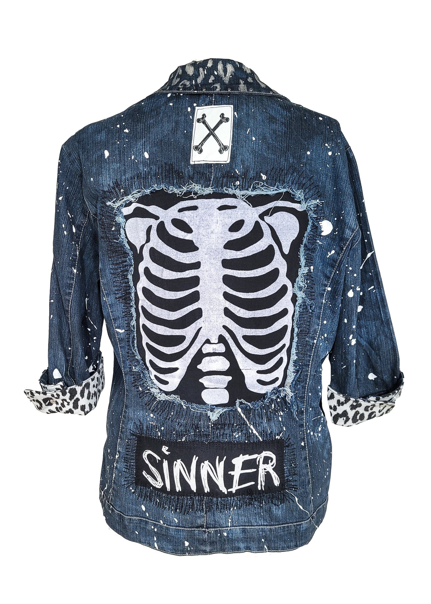 skeleton battle jacket distressed jacket studded denim jacket | punk jacket unique jacket painted denim jacket | jean jacket size L