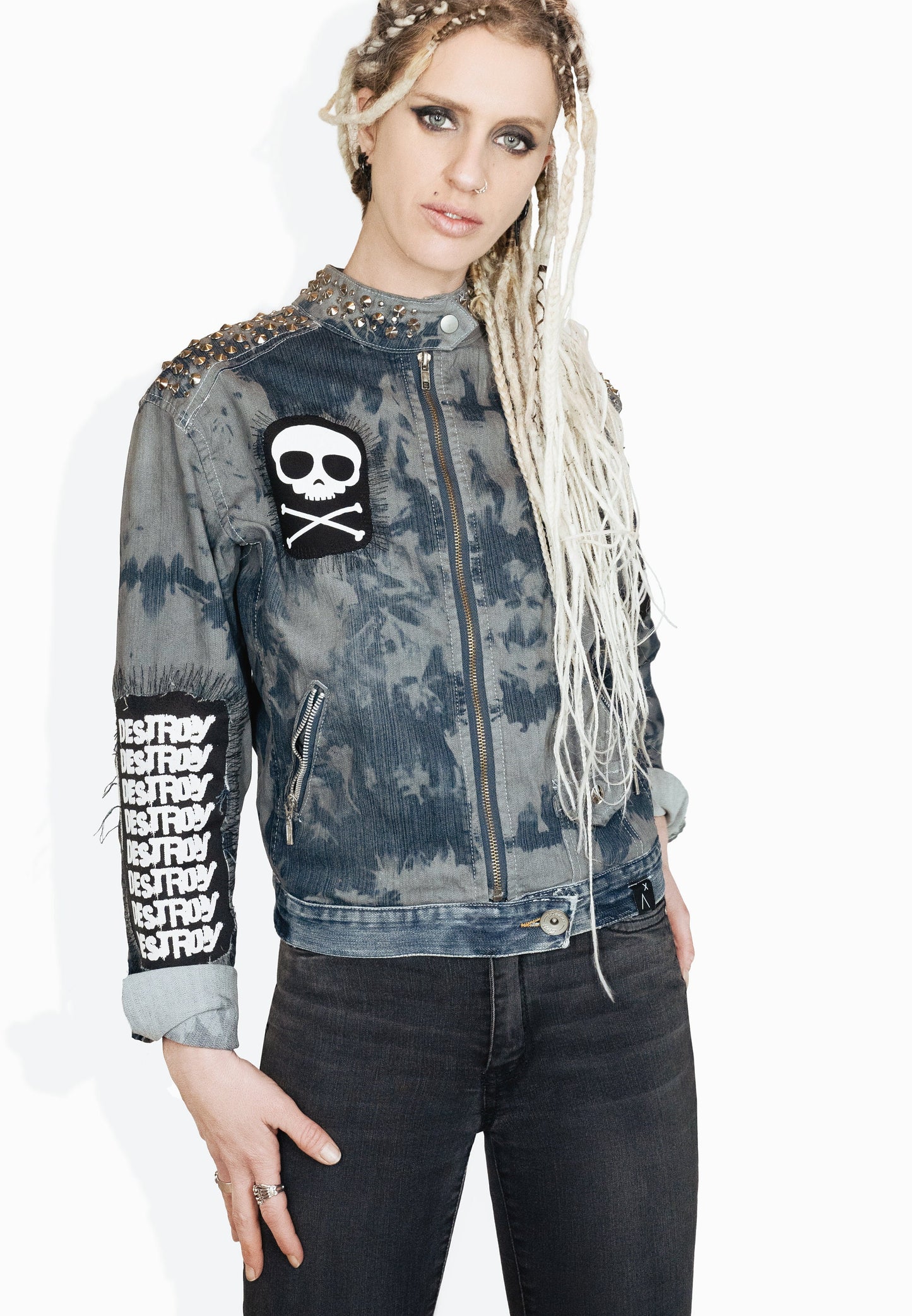 studded denim jacket battle jacket motorcycle jacket unique jacket embellished denim jacket | biker jacket custom jean jacket size M