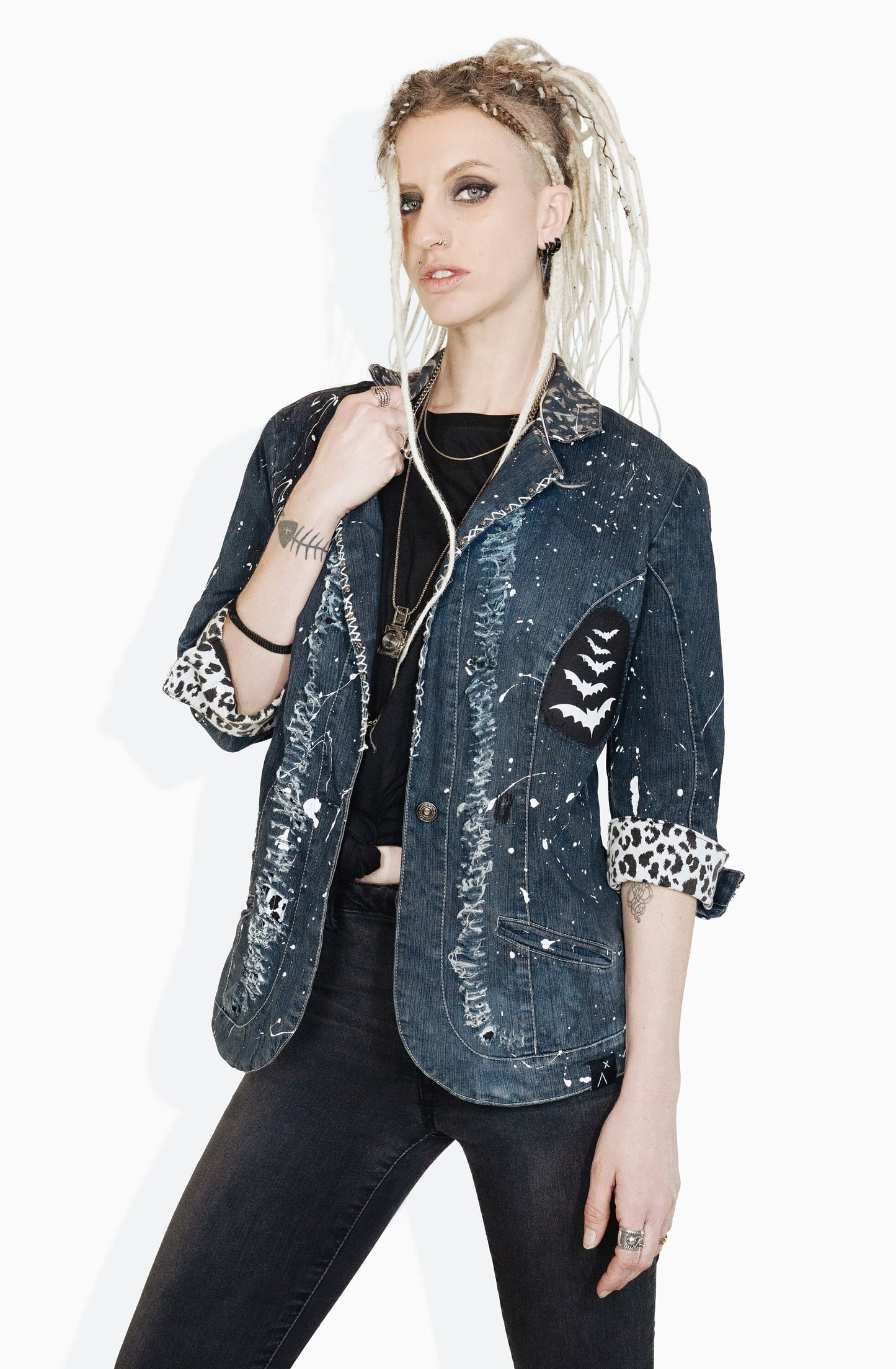 skeleton battle jacket distressed jacket studded denim jacket | punk jacket unique jacket painted denim jacket | jean jacket size L