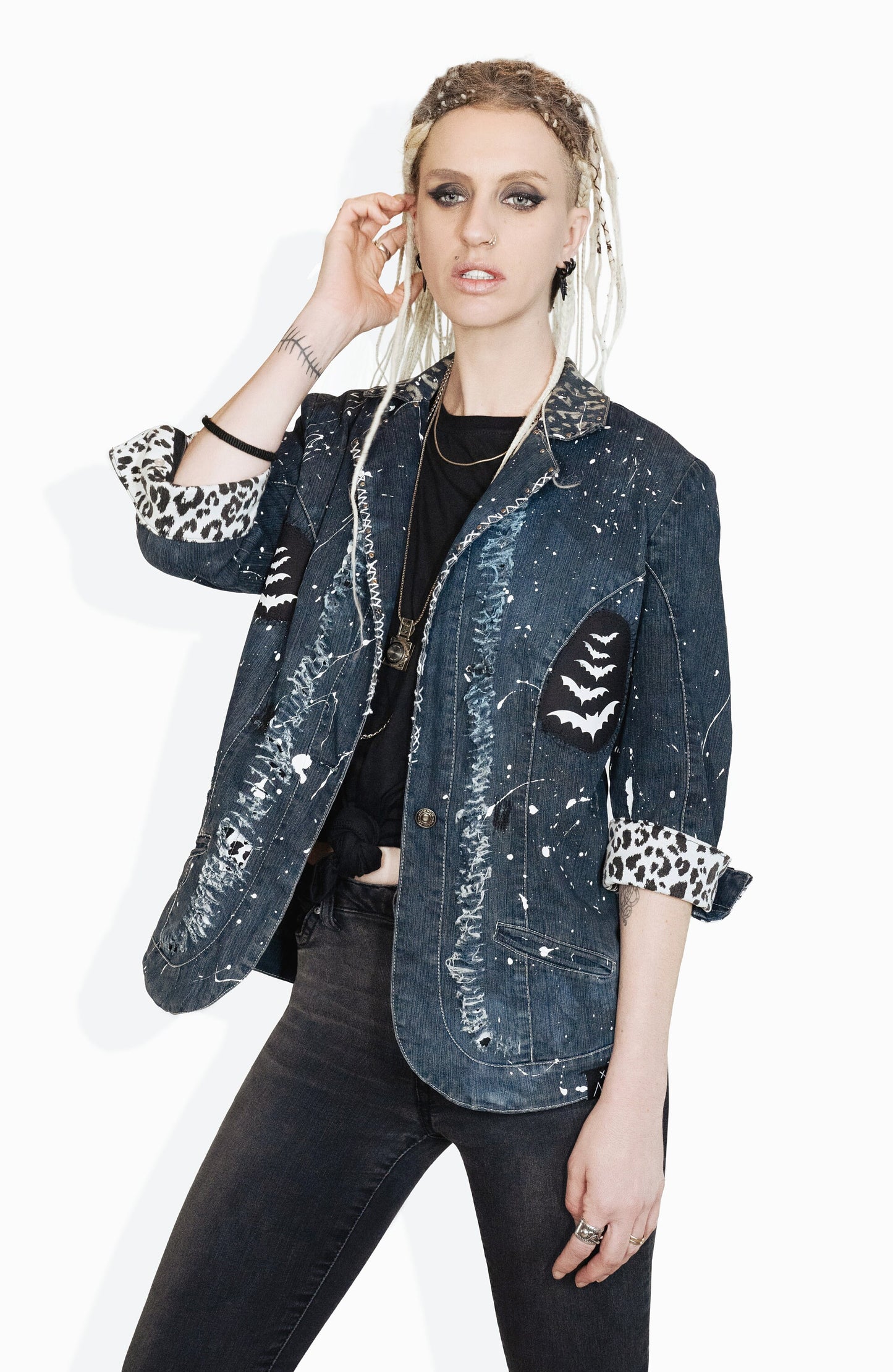 skeleton battle jacket distressed jacket studded denim jacket | punk jacket unique jacket painted denim jacket | jean jacket size L