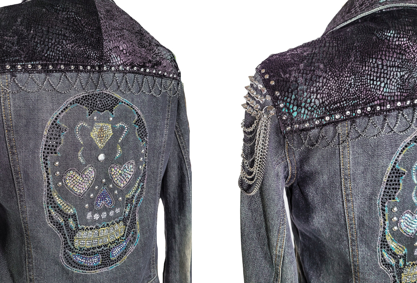 Sugar skull goth jacket custom jean jacket | goth jacket punk jacket rhinestone denim jacket studded denim jacket | unique jacket | Size S