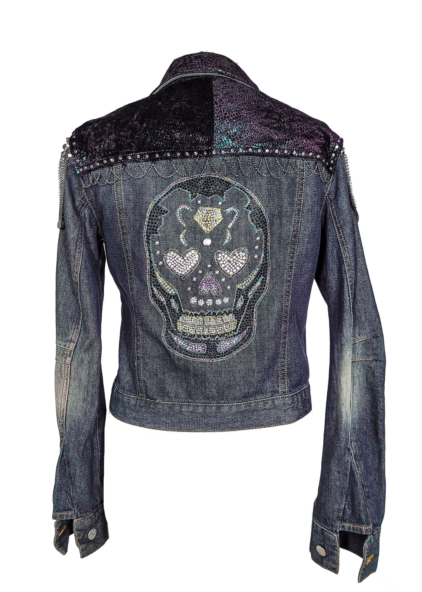 Sugar skull goth jacket custom jean jacket | goth jacket punk jacket rhinestone denim jacket studded denim jacket | unique jacket | Size S