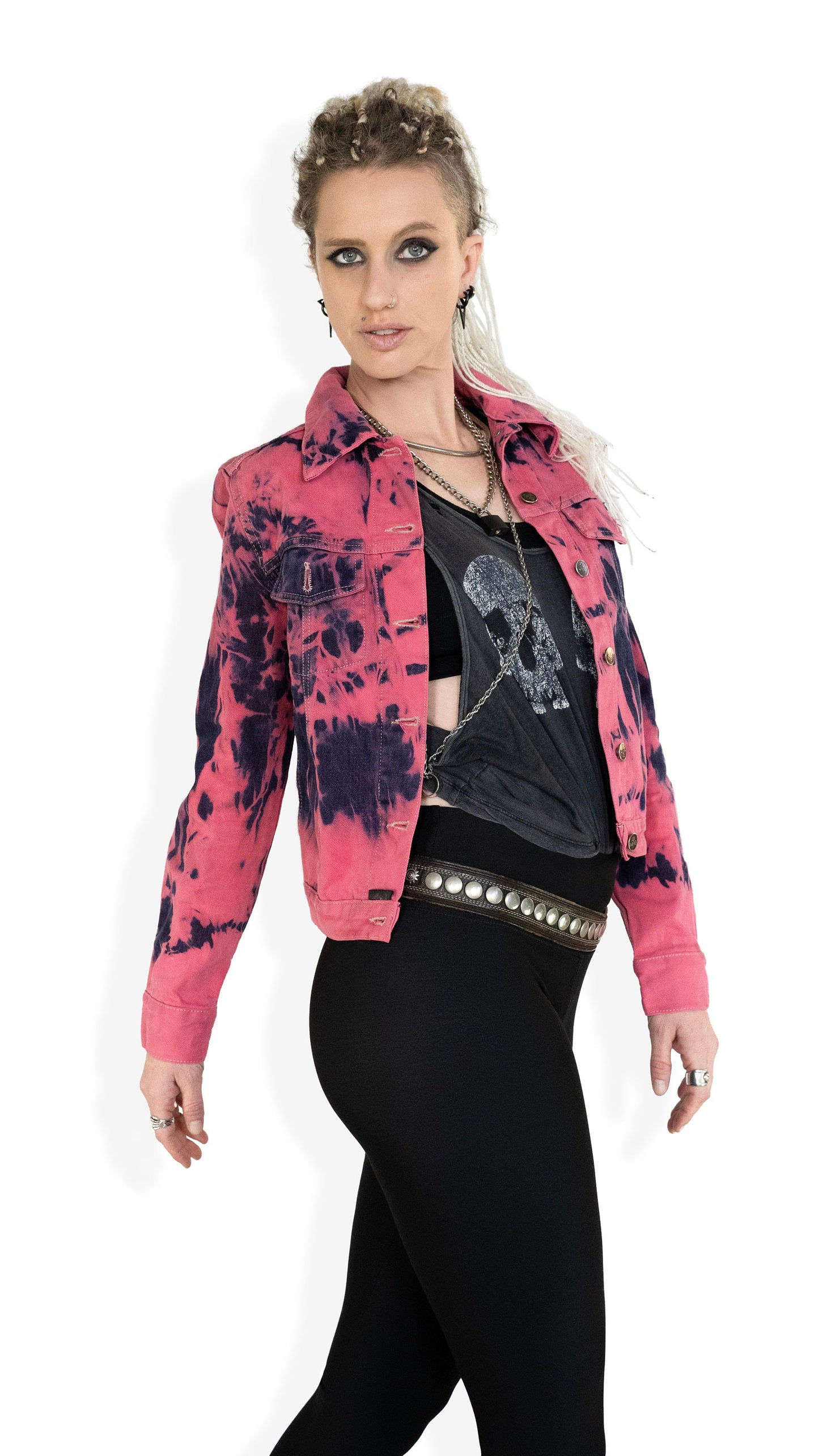 Pink denim jacket cropped jacket tie dye jean jacket upcycled jean jacket | 90s jean jacket tie dye jacket pink jeans jacket | Size M