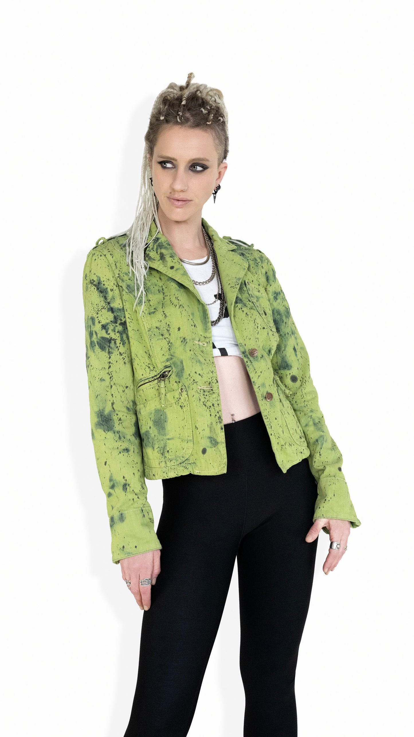 green jean jacket green denim jacket splatter green jeans jacket punk jacket upcycled jean jacket hand painted jacket military jacket size L