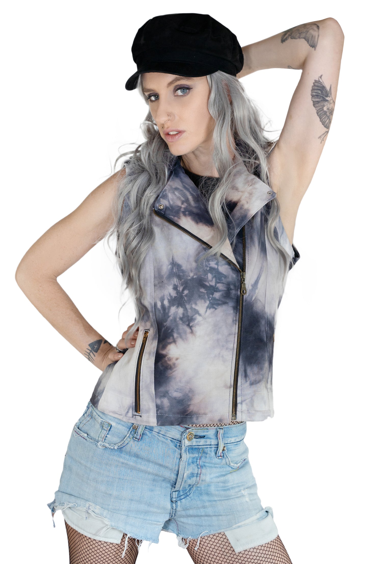 Black smoke tie dye denim biker vest | Unisex