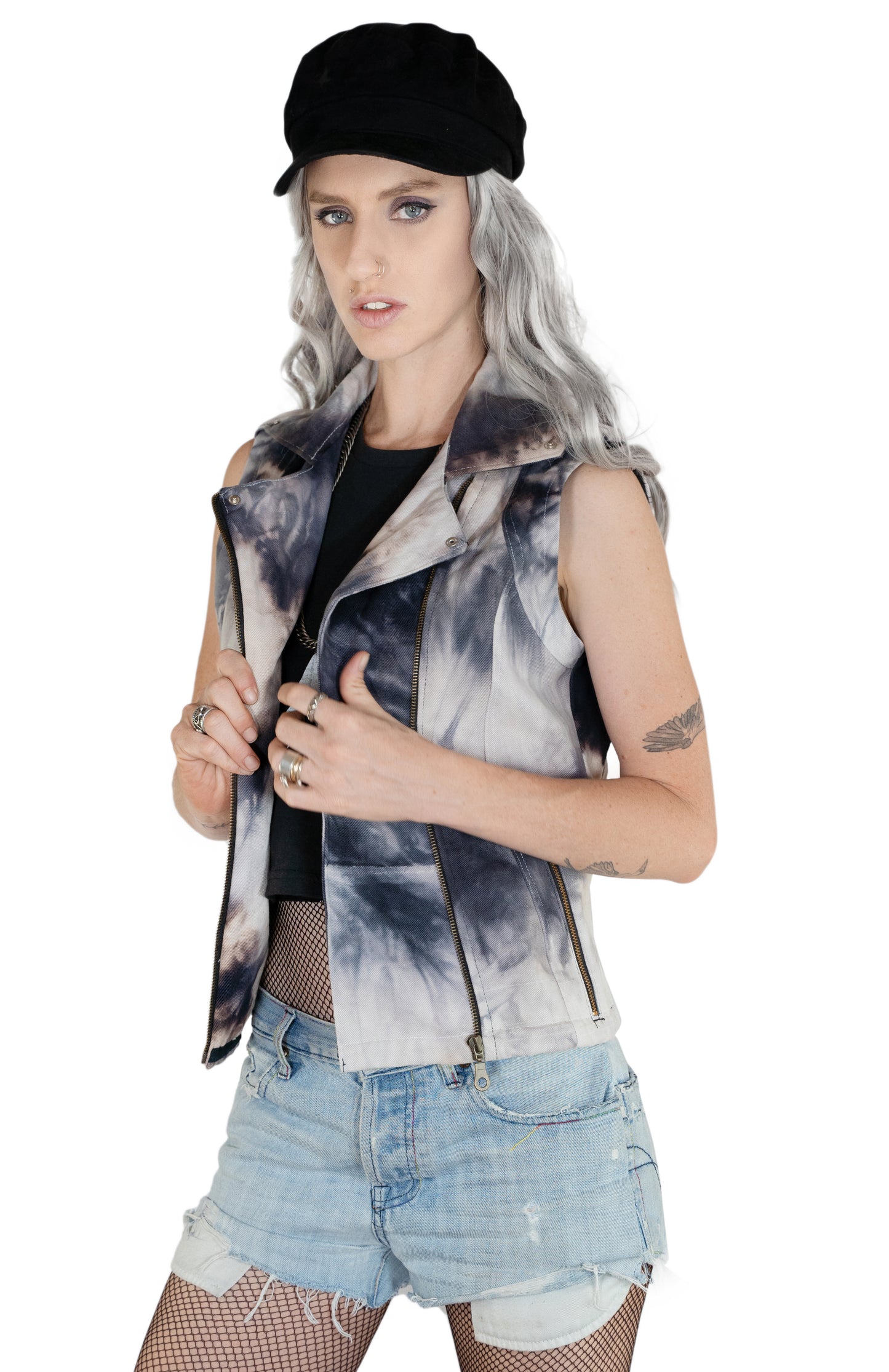 Black smoke tie dye denim biker vest | Unisex