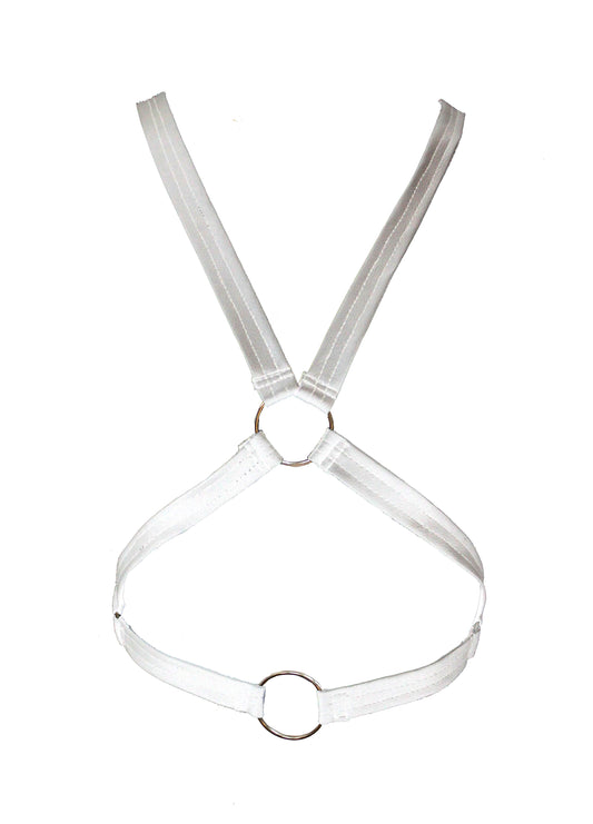 white 4 O ring vegan leatherette chest harness cage bra