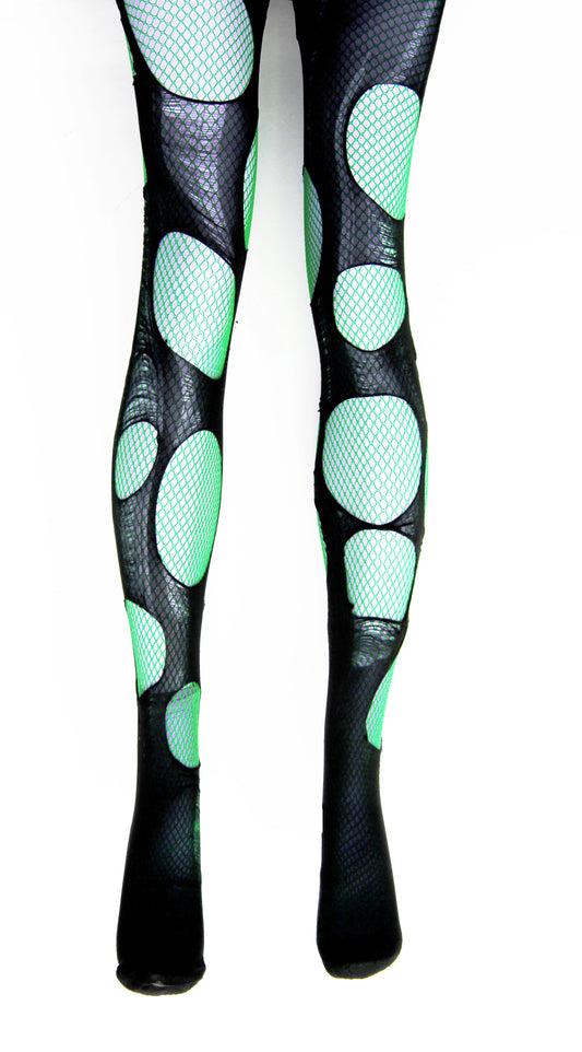 Double layered torn emerald green | Black fishnet tights