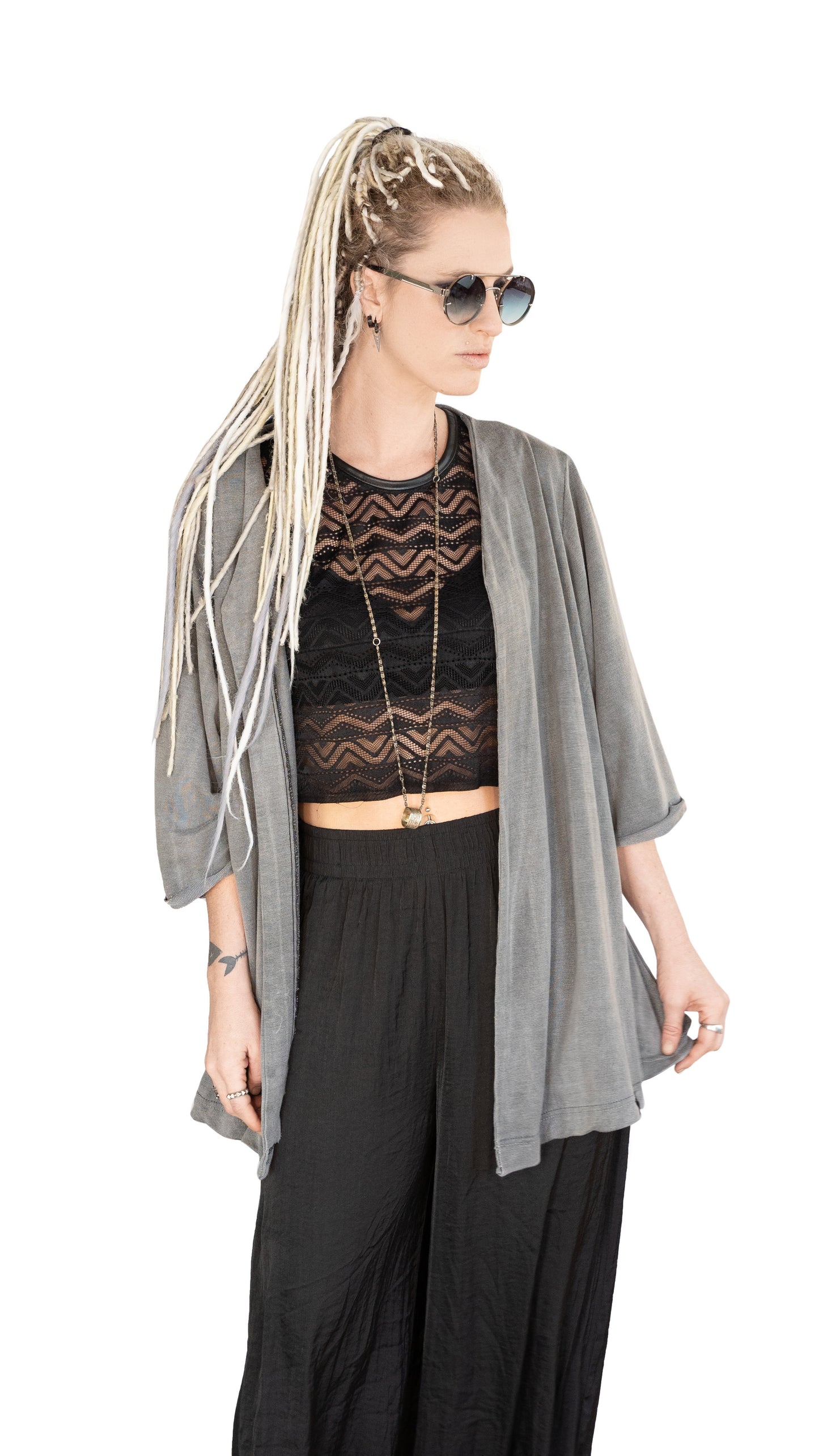 Distressed faded gray lightweight kimono cardigan