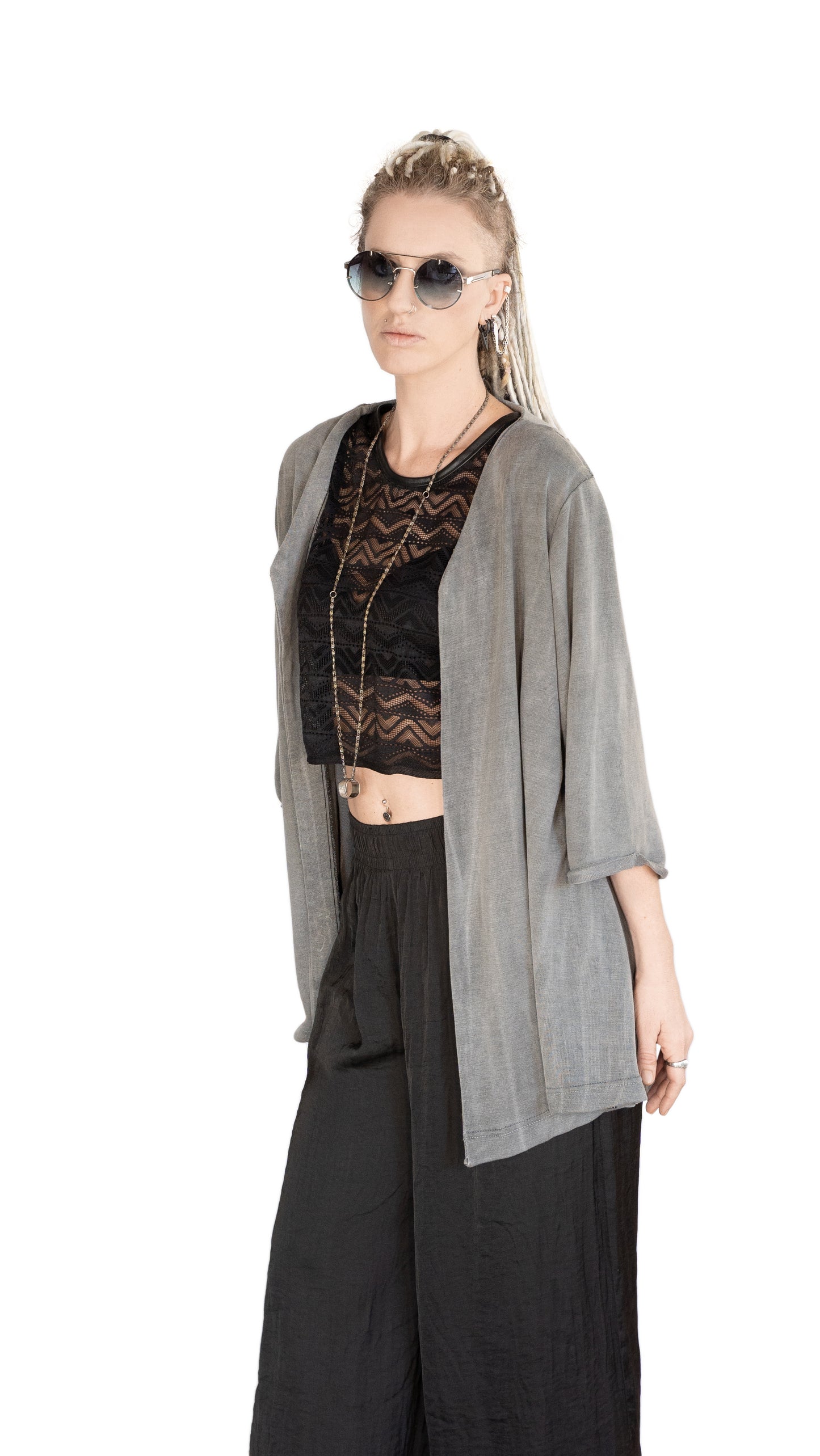 Distressed faded gray lightweight kimono cardigan