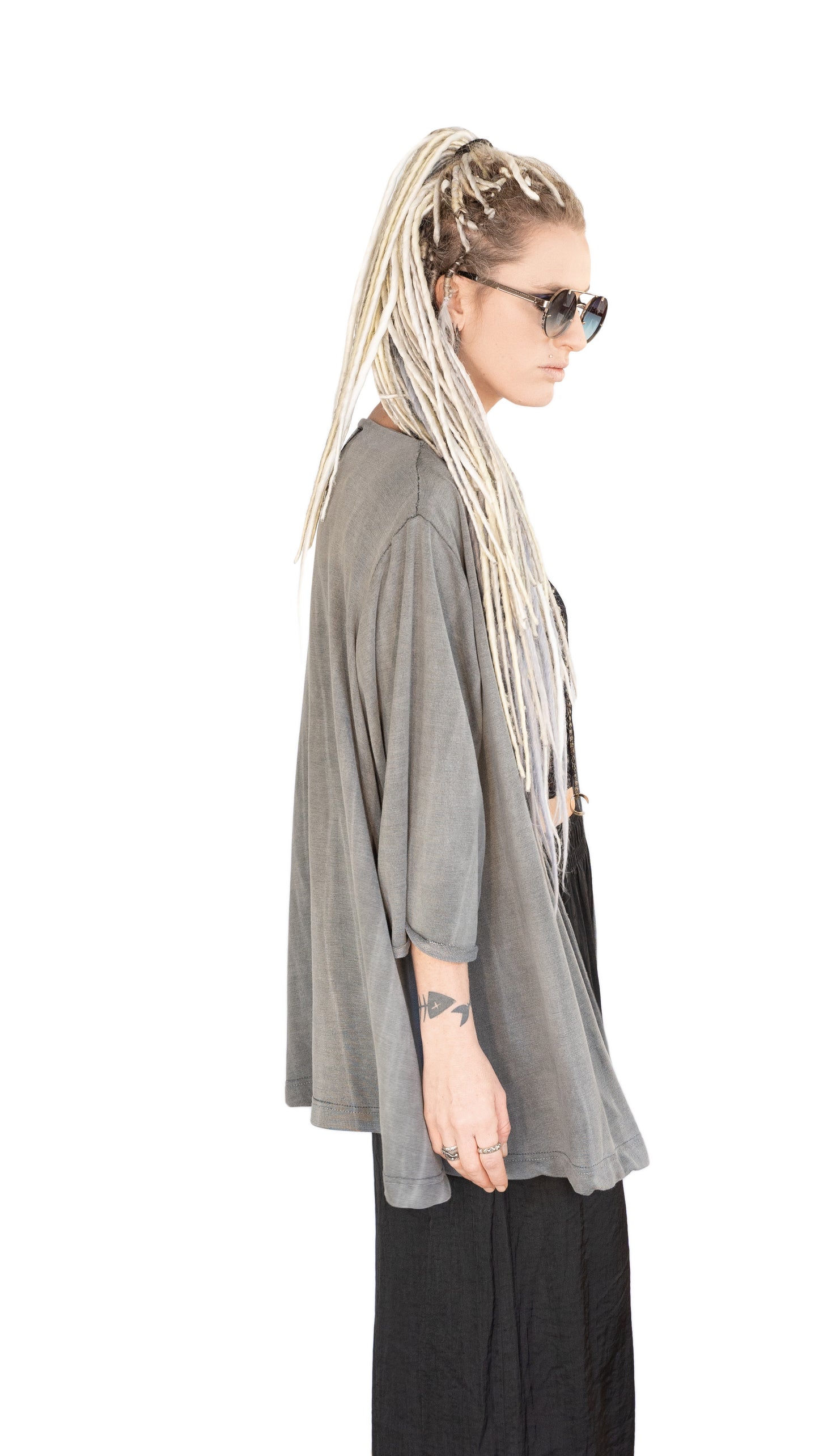 Distressed faded gray lightweight kimono cardigan