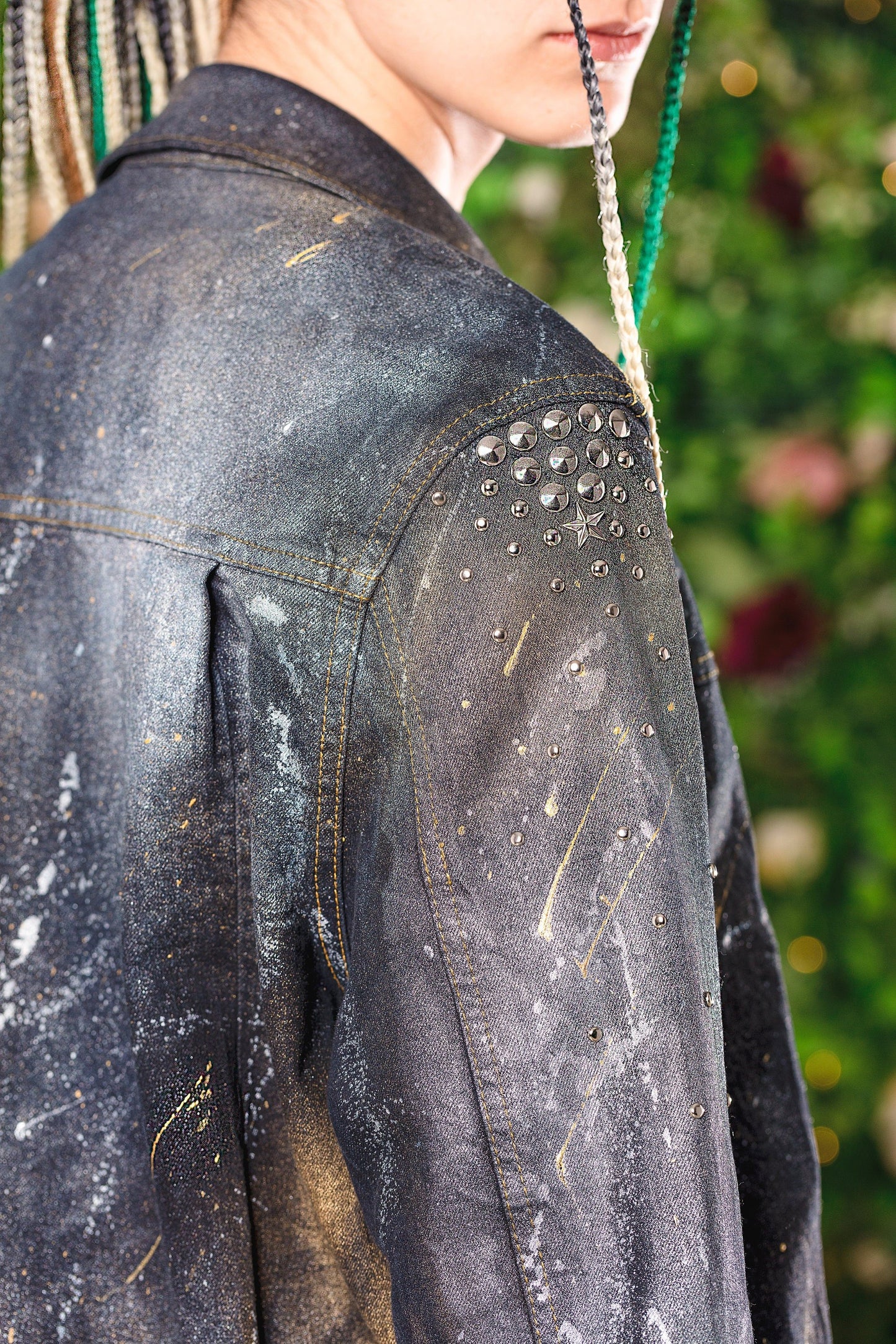 Dark space studded hand painted galaxy denim jacket | size M