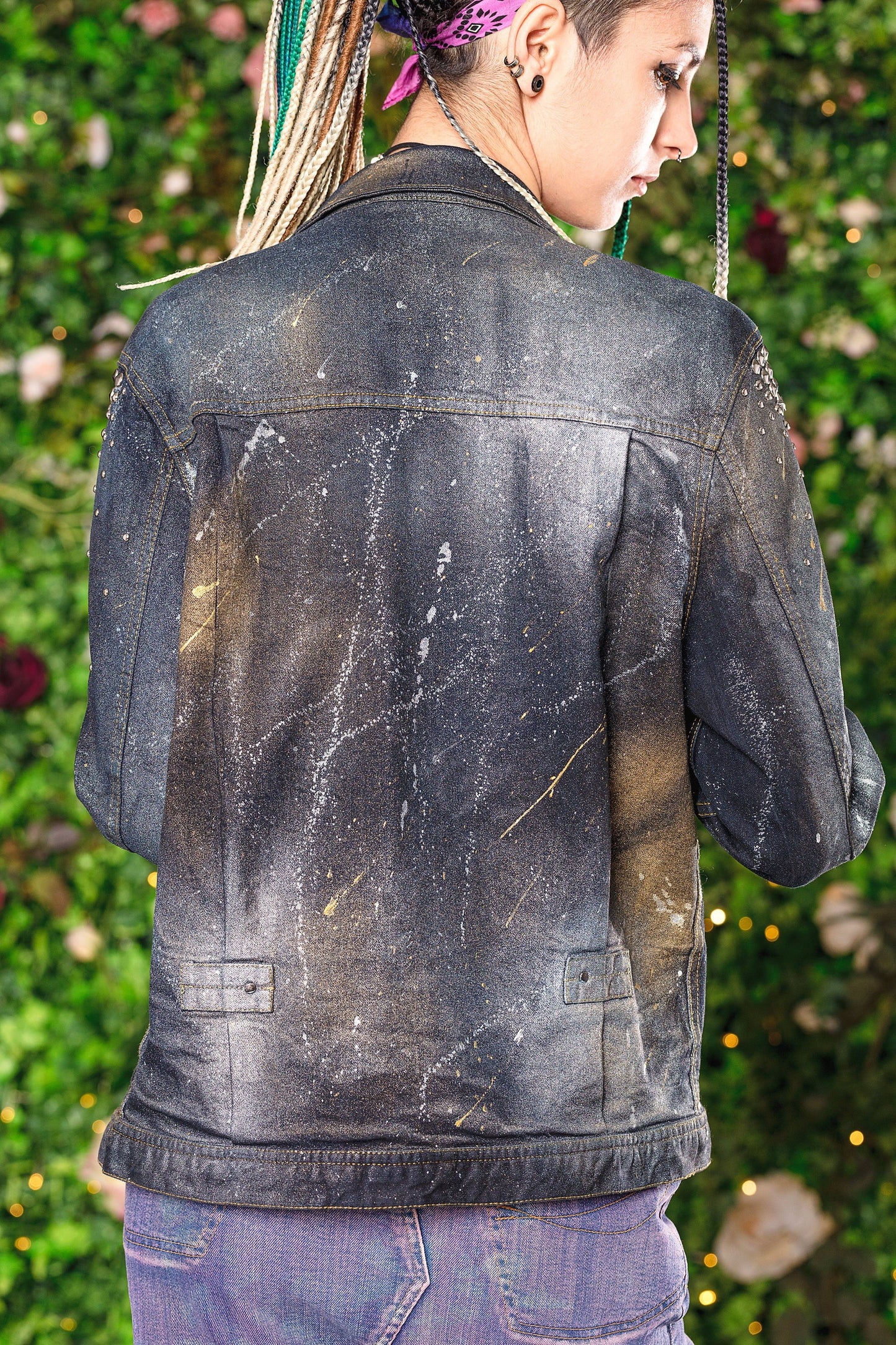 Dark space studded hand painted galaxy denim jacket | size M