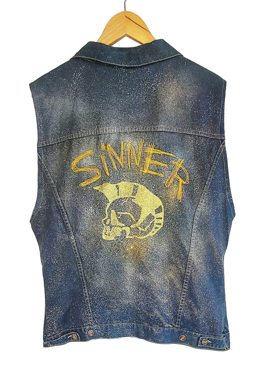 Glitter N Gold Sinner Skull hand painted denim biker vest