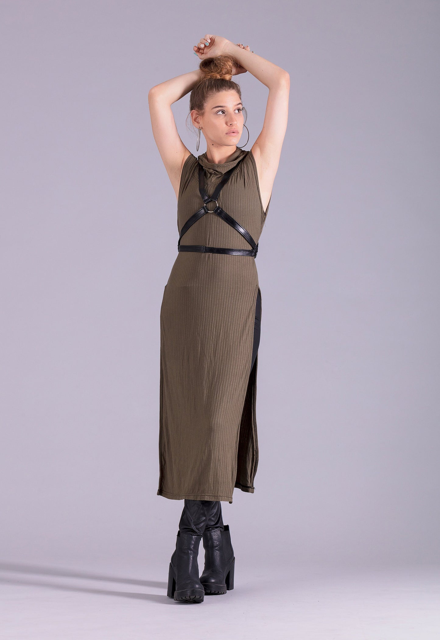 Warrior post apocalyptic hooded tunic dress | Olive