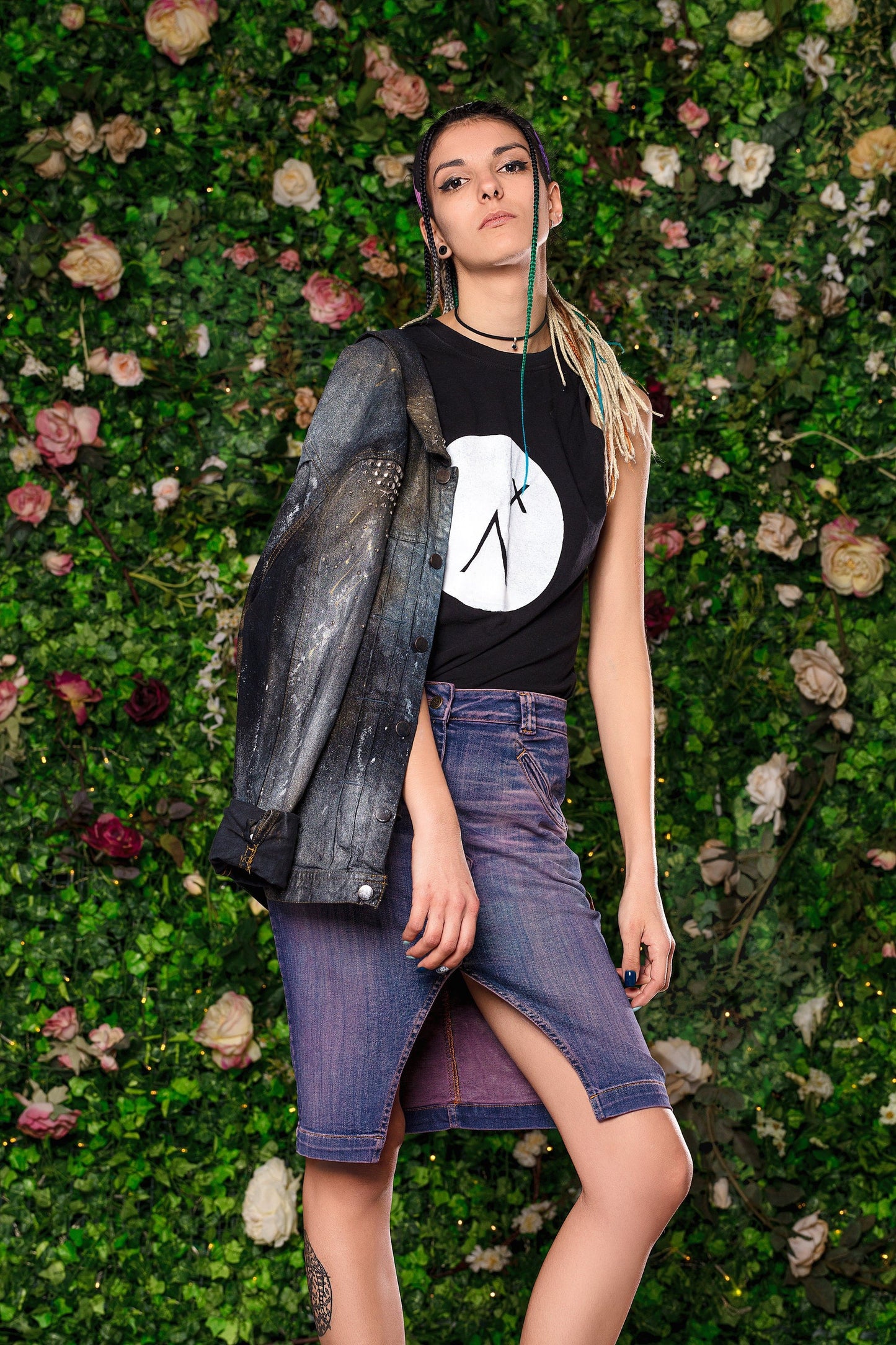 Dark space studded hand painted galaxy denim jacket | size M