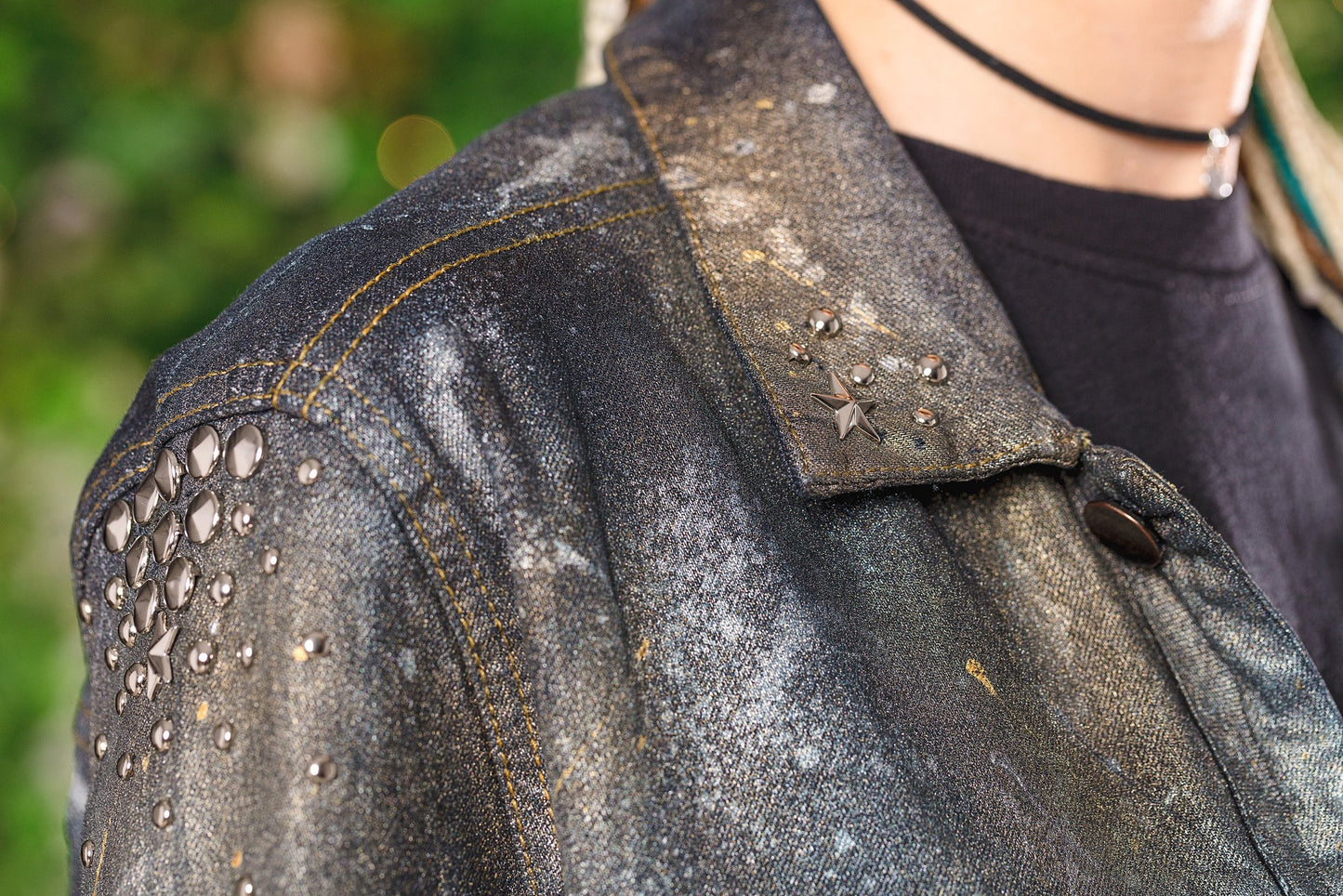 Dark space studded hand painted galaxy denim jacket | size M
