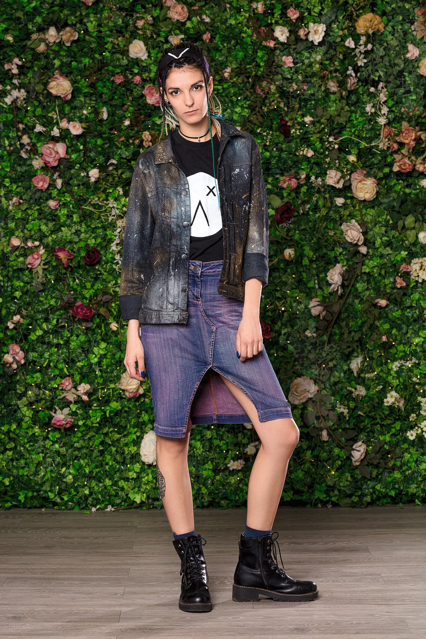 Dark space studded hand painted galaxy denim jacket | size M