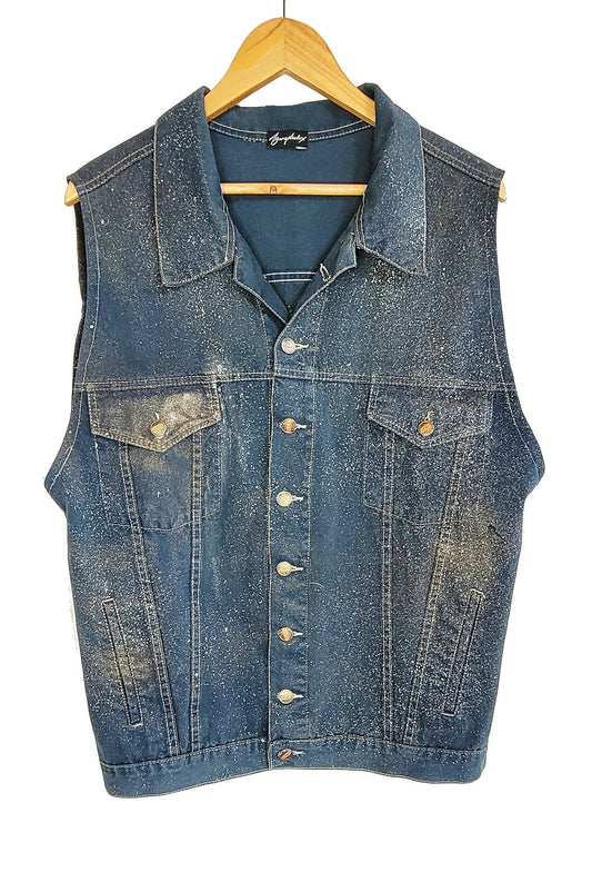 Glitter N Gold Sinner Skull hand painted denim biker vest