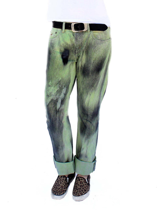 Acid green spray paint splatter jeans | Unisex size L