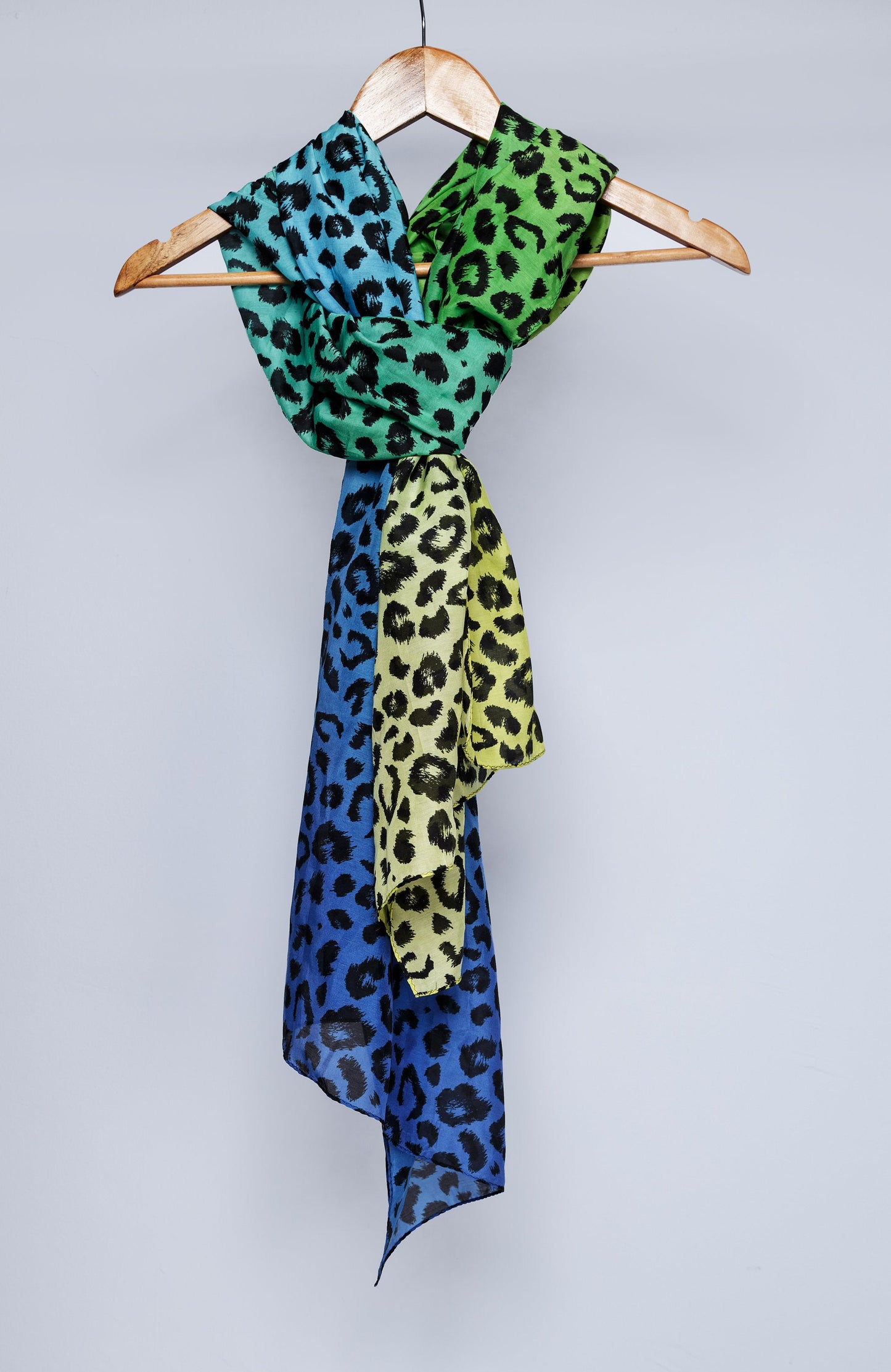 Green blue and yellow gradient leopard print cotton silk blend scarf