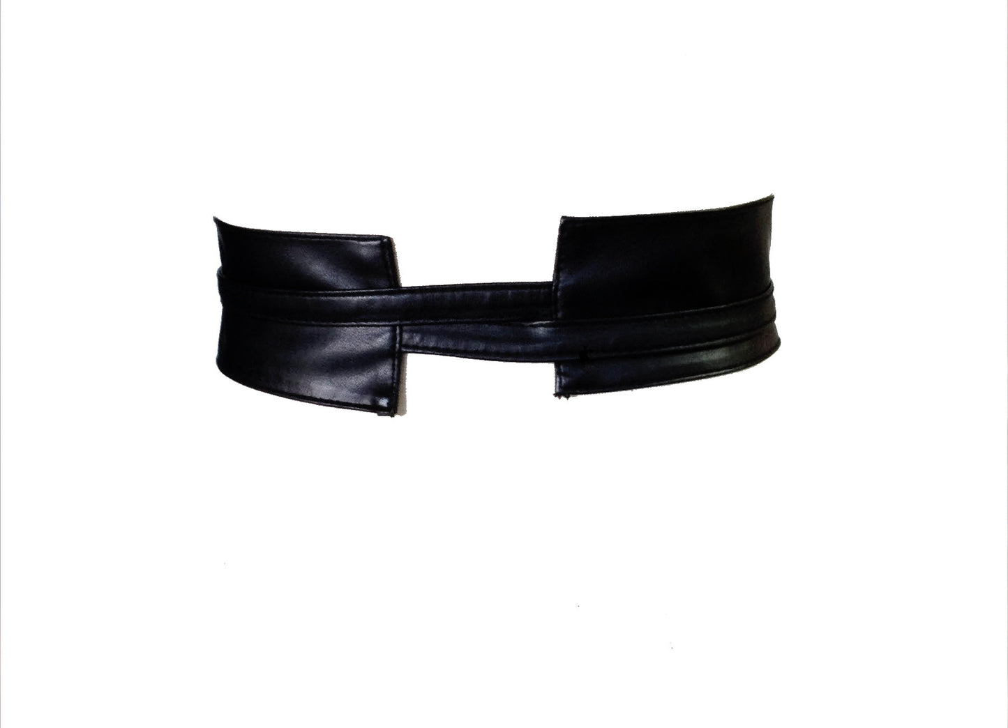 Black obi tie waist vegan leather stretch waist clincher belt