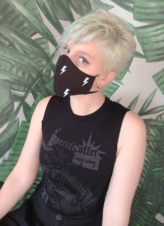 handmade Black lightning print cotton facemask cloth face | cute face mask mask rave mask | washable mask apocalyptic clothing