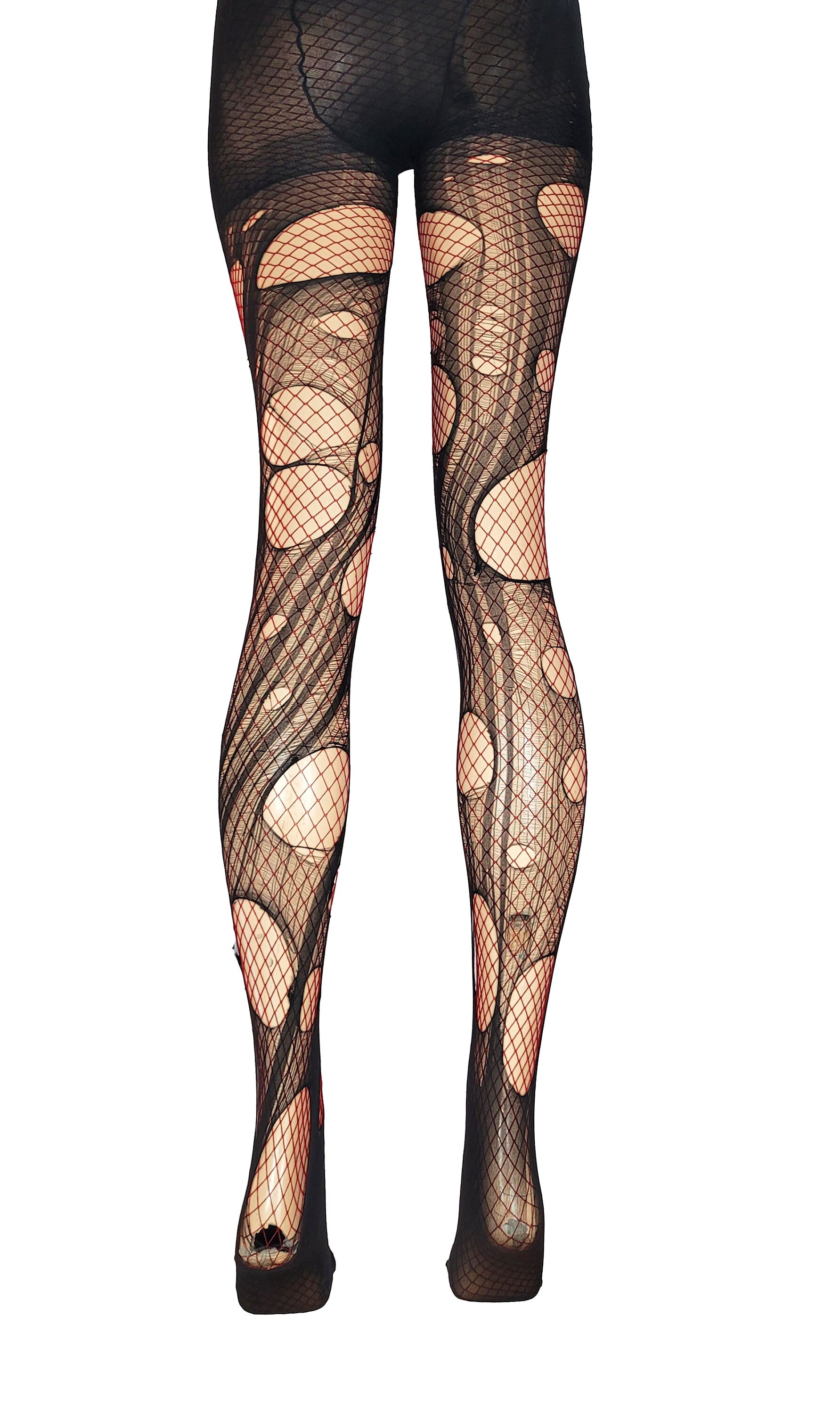 Dark red and black fishnet tights | fishnet stockings punk tights nu goth tights witch tights | double layered tattered & torn tights |