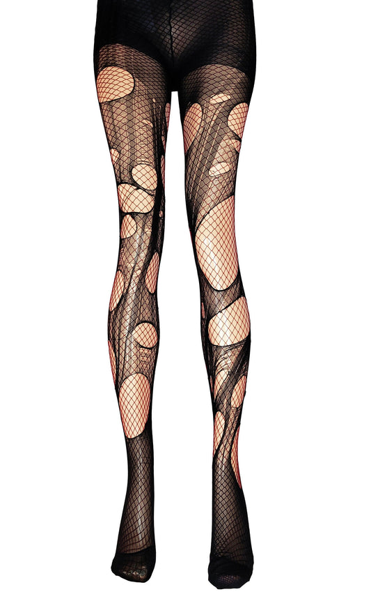 Dark red and black fishnet tights | fishnet stockings punk tights nu goth tights witch tights | double layered tattered & torn tights |