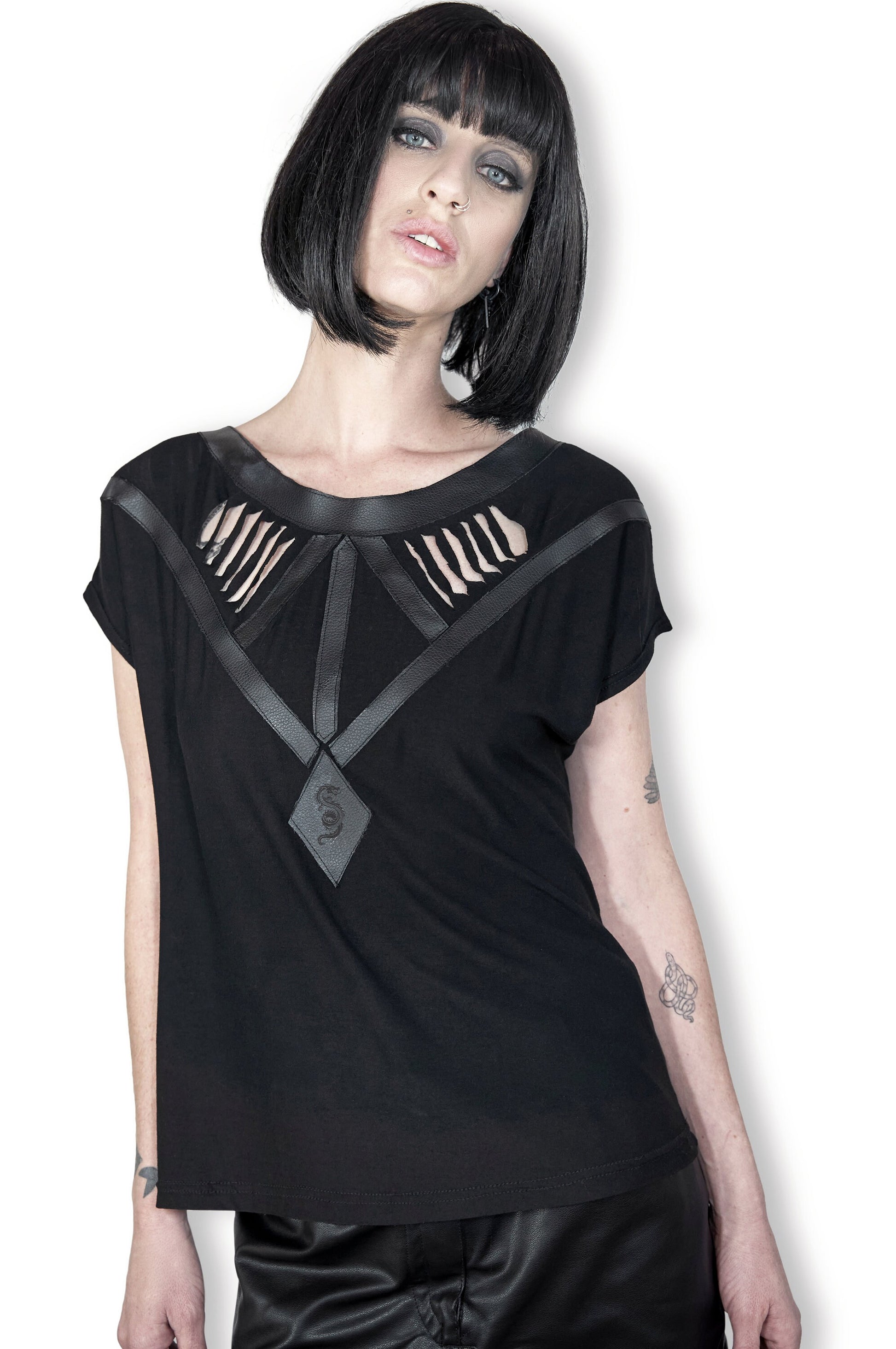 black cut out shirt summer goth top | leather shirt occult shirt dark academia shirt | alt shirt goth streetwear top