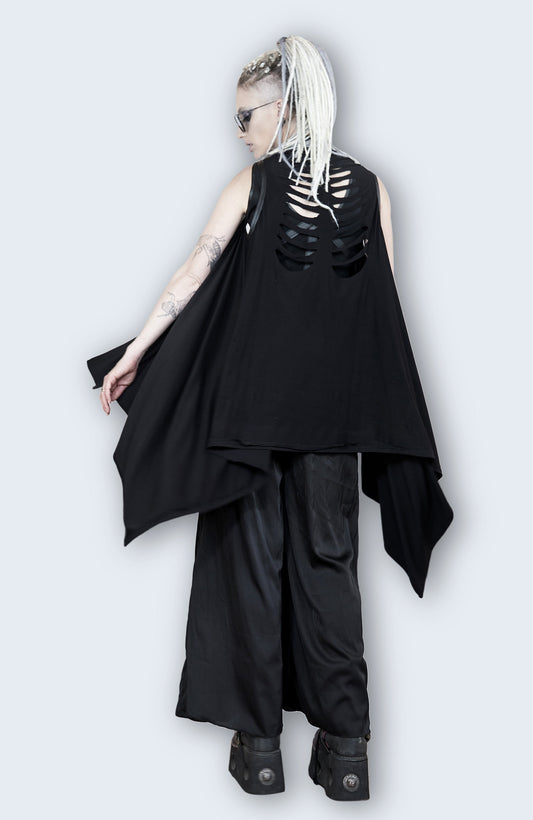 skeleton rib cage cutout black lightweight cardigan vest goth vest | kimono vest long flowy vest | oversized cardigan