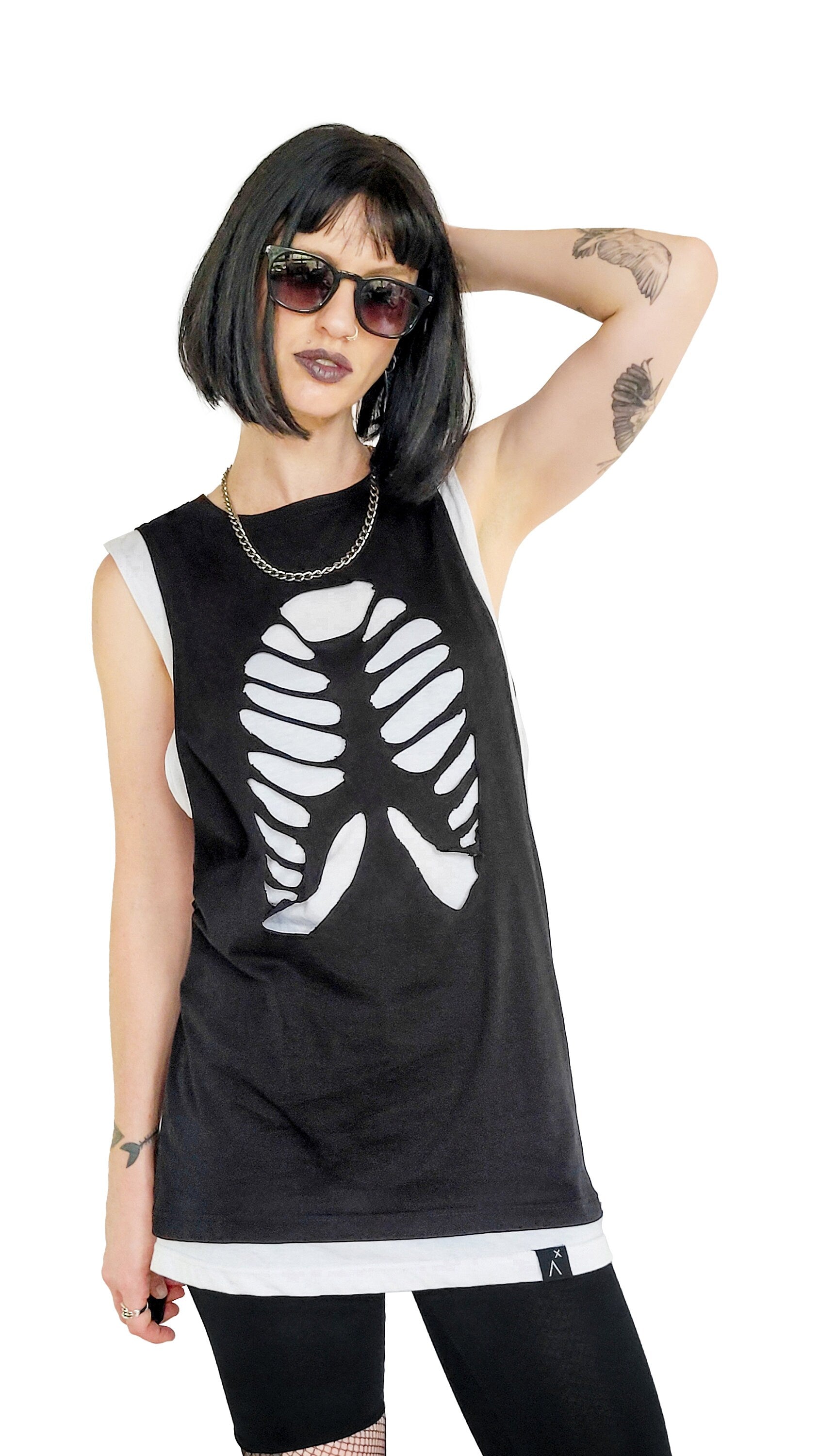 Handmade skeleton tank top cut out top ribcage skeleton T shirt | cut out tank top cut out shirt Unisex goth top gothic top Halloween shirt
