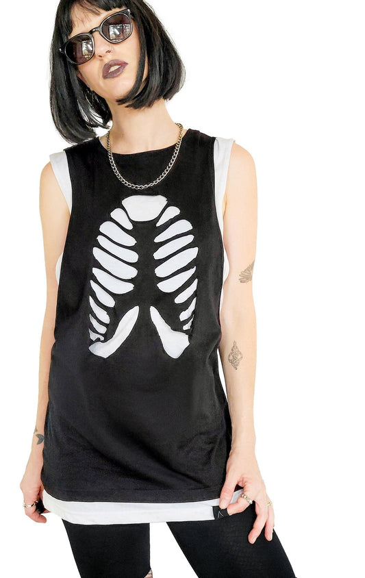 Handmade skeleton tank top cut out top ribcage skeleton T shirt | cut out tank top cut out shirt Unisex goth top gothic top Halloween shirt