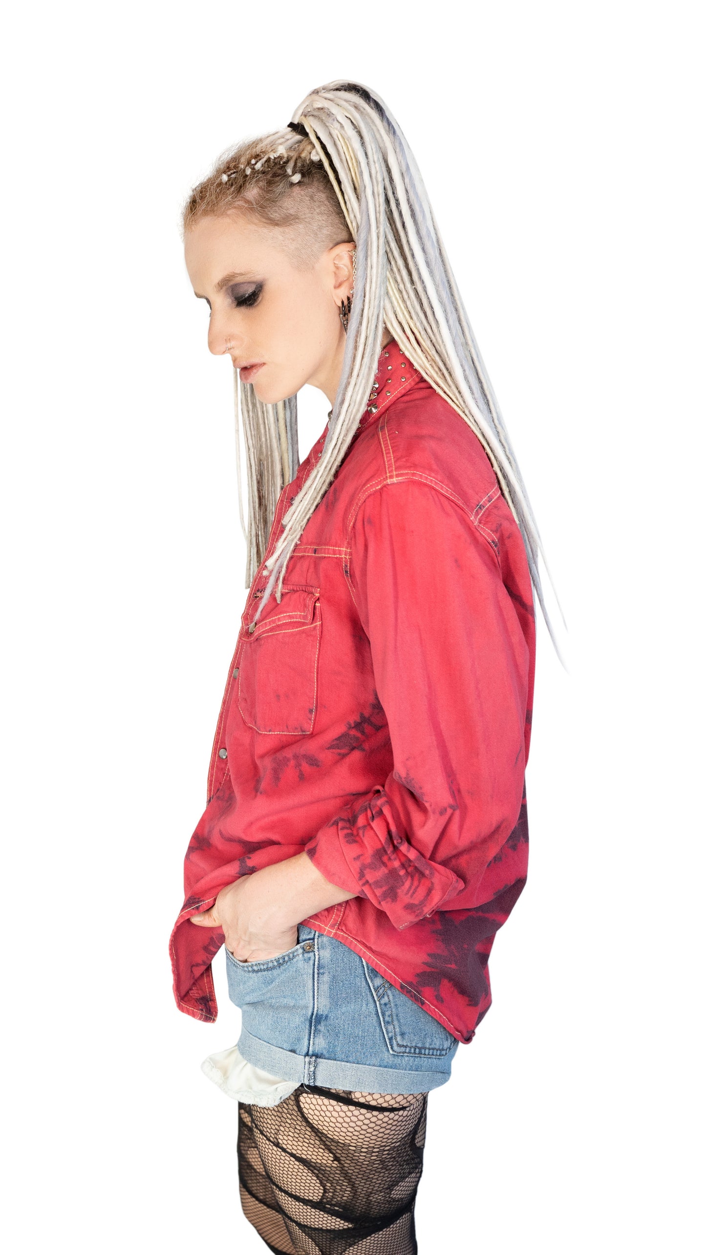 Red tie dye studded denim shirt | Size L Unisex