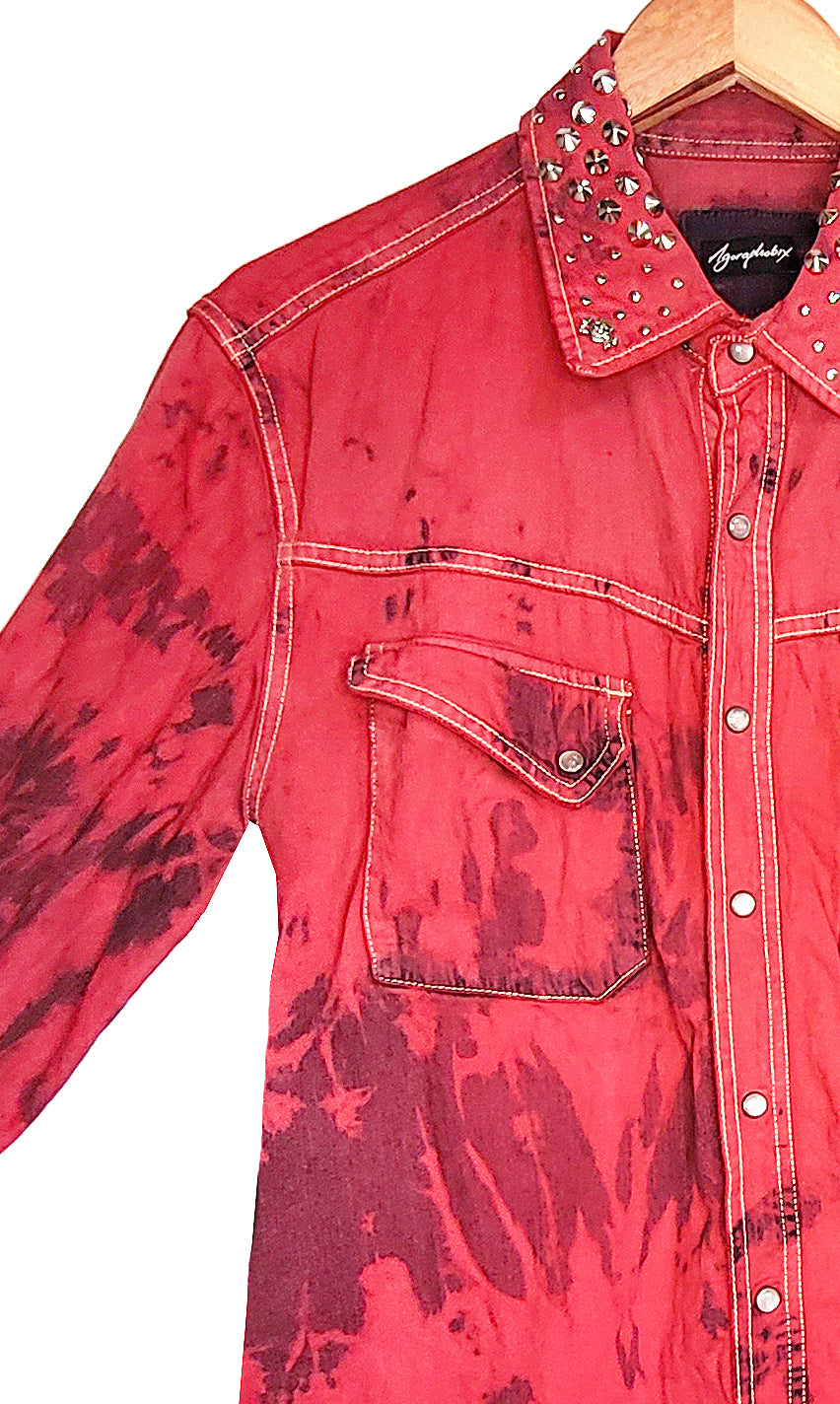 Red tie dye studded denim shirt | Size L Unisex