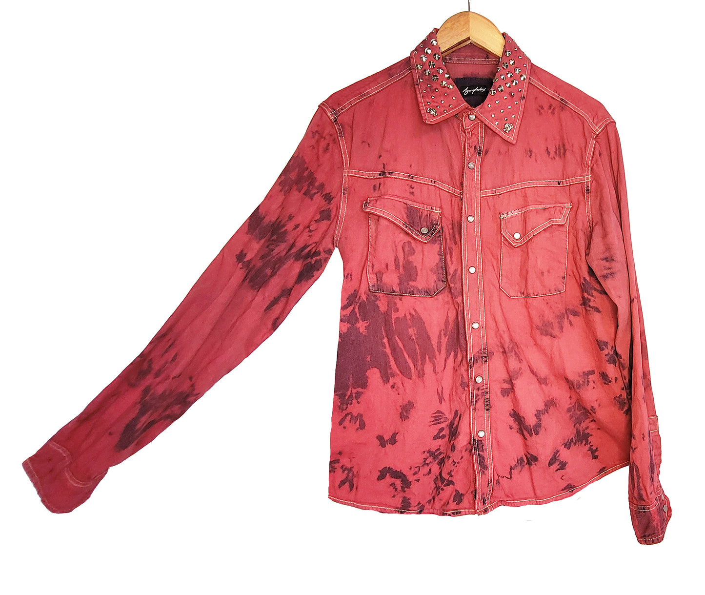 Red tie dye studded denim shirt | Size L Unisex