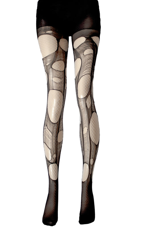 Black n white tattered & torn fishnet tights