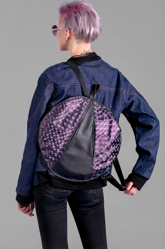Purple holographic purple vegan leather round backpack