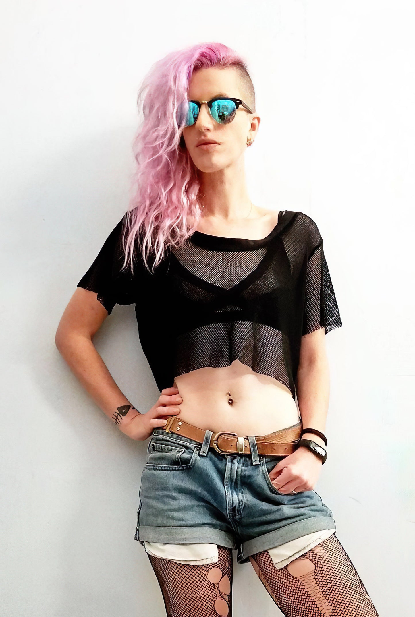 Black Fishnet crop top in a relaxed fit
