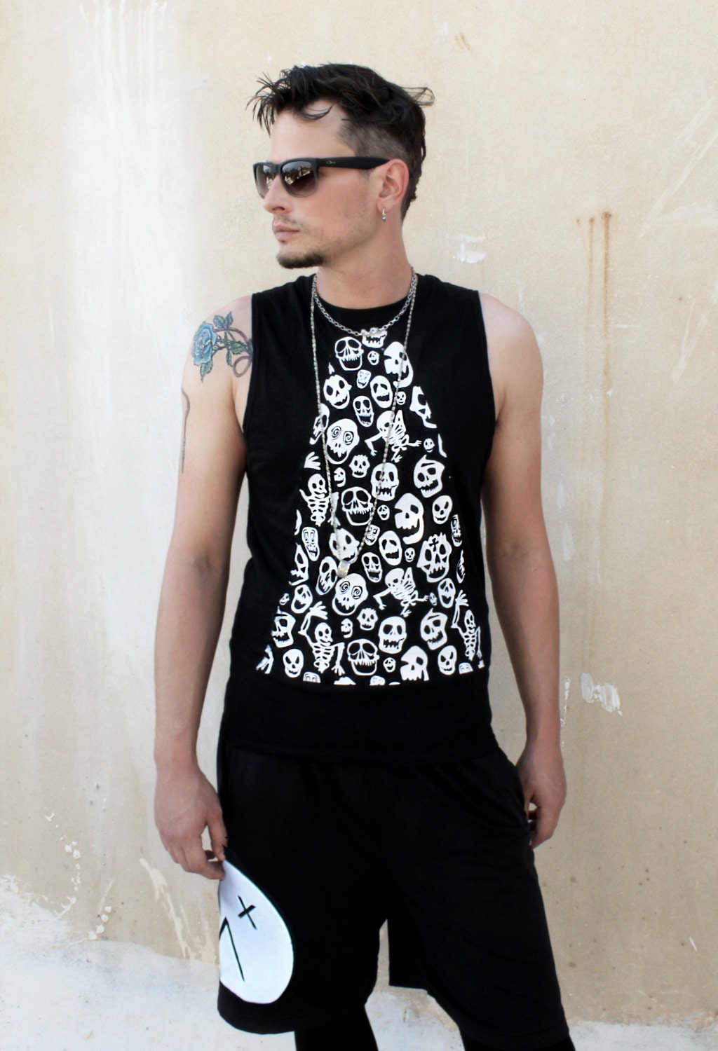 Unisex horror print skull top goth tank top | skull print biker shirt | skeleton print skeleton tshirt muscle top